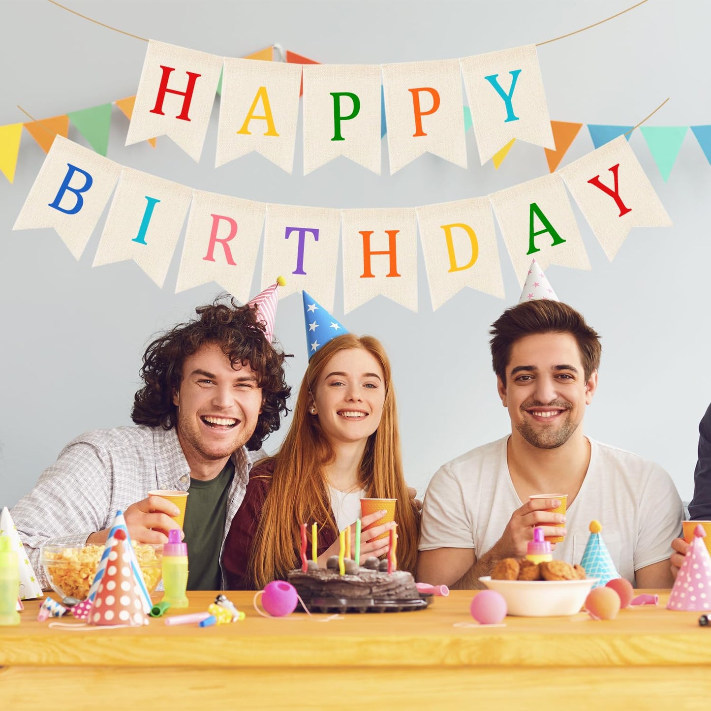 Doumeny Happy Birthday Burlap Banner Boho Birthday Garland Banner Rainbow Bohemian Bunting Garland White Birthday Hanging Bunting Multicolor Birthdays Sign Party Flag for Home Mantel Fireplace Nursery
