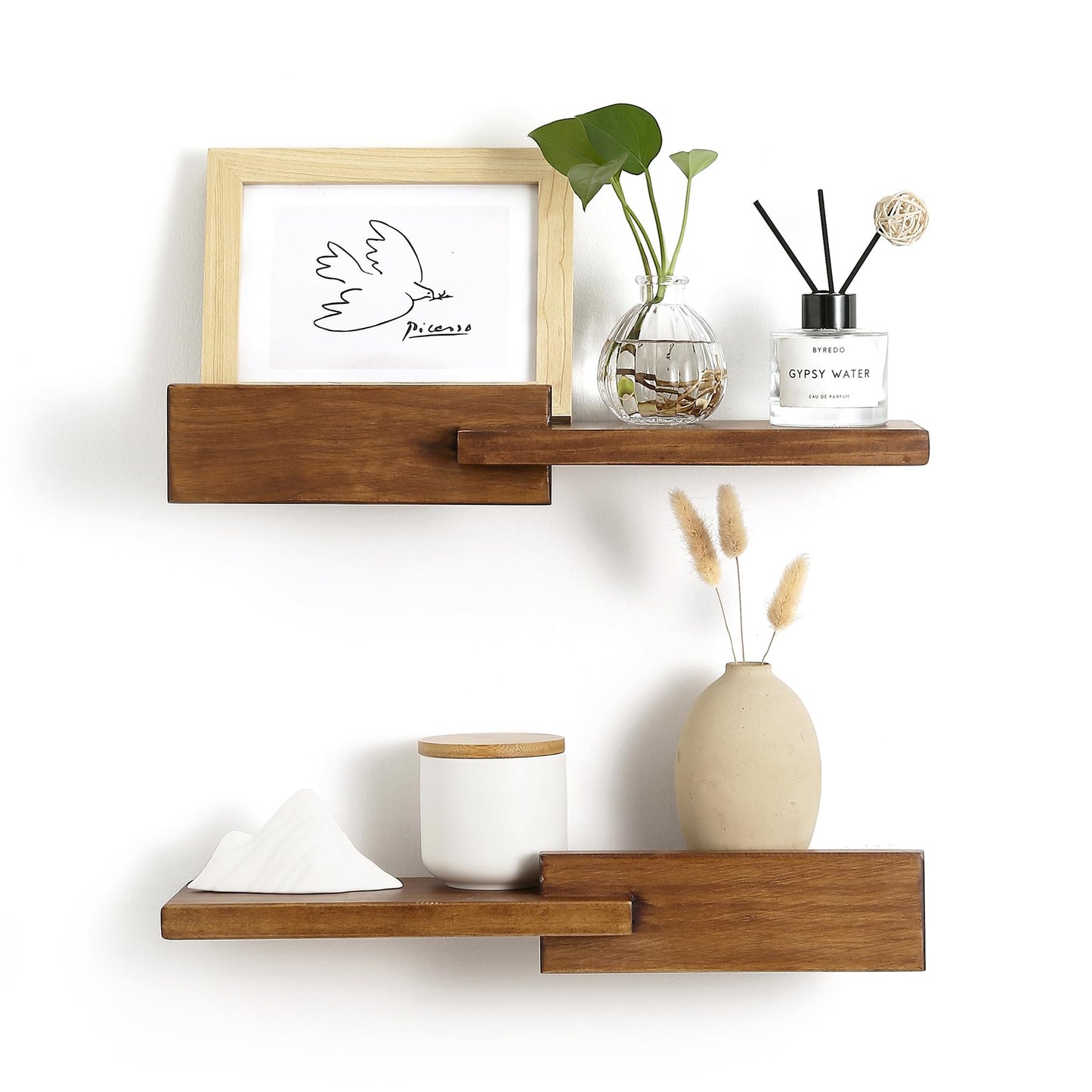 GRID FORTE Wood Floating Shelf Set of 2, 4.5D x 15W Inch Modern Reversible Wall Shelves, Minimalism Wall Mount Hardwood Shelves, Wall Decor for Bedroom Living Room Kitchen (Walnut)