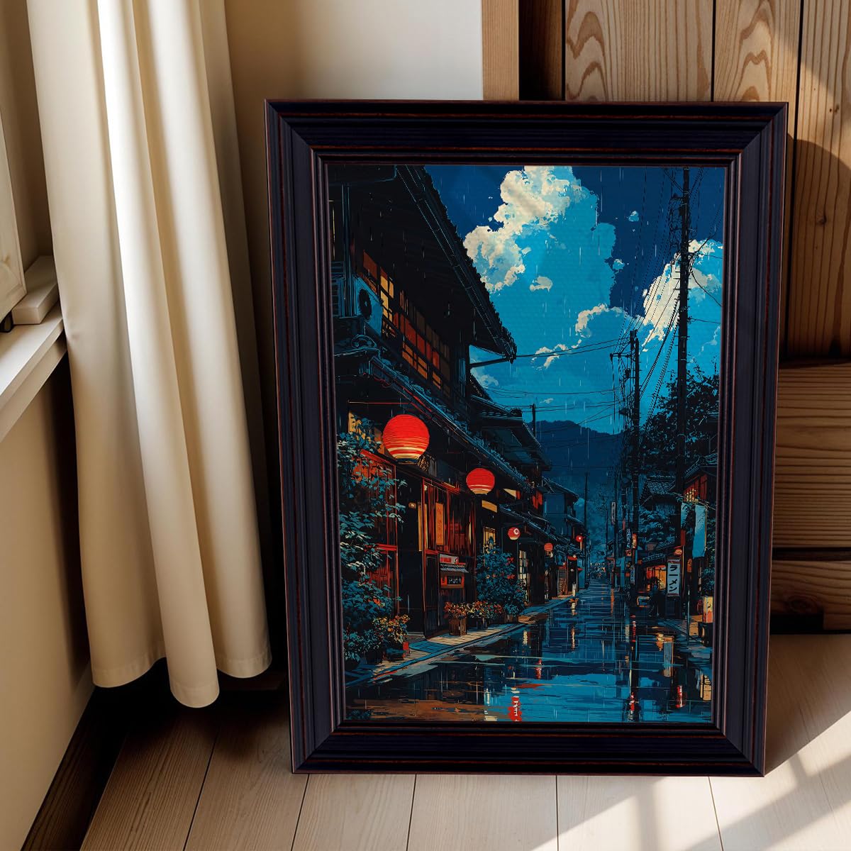 Framed Japanese Canvas Wall Art, Cartoon Style Tokyo Tea House Anime Poster, Modern Ukiyo-e City Street Cafe Scene Painting, Asian Japandi True-to-life Fine Art Print for Bedroom 8x10in