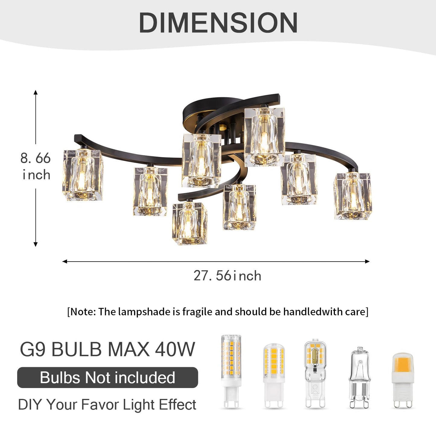 OKES 8-Light Semi Flush Mount Ceiling Light, Black and Gold Ceiling Fixture, Farmhouse Dining Room Light Fixture with K9 Crystal Shade, Modern Chandelier for Living Room,Bedroom,Entryway
