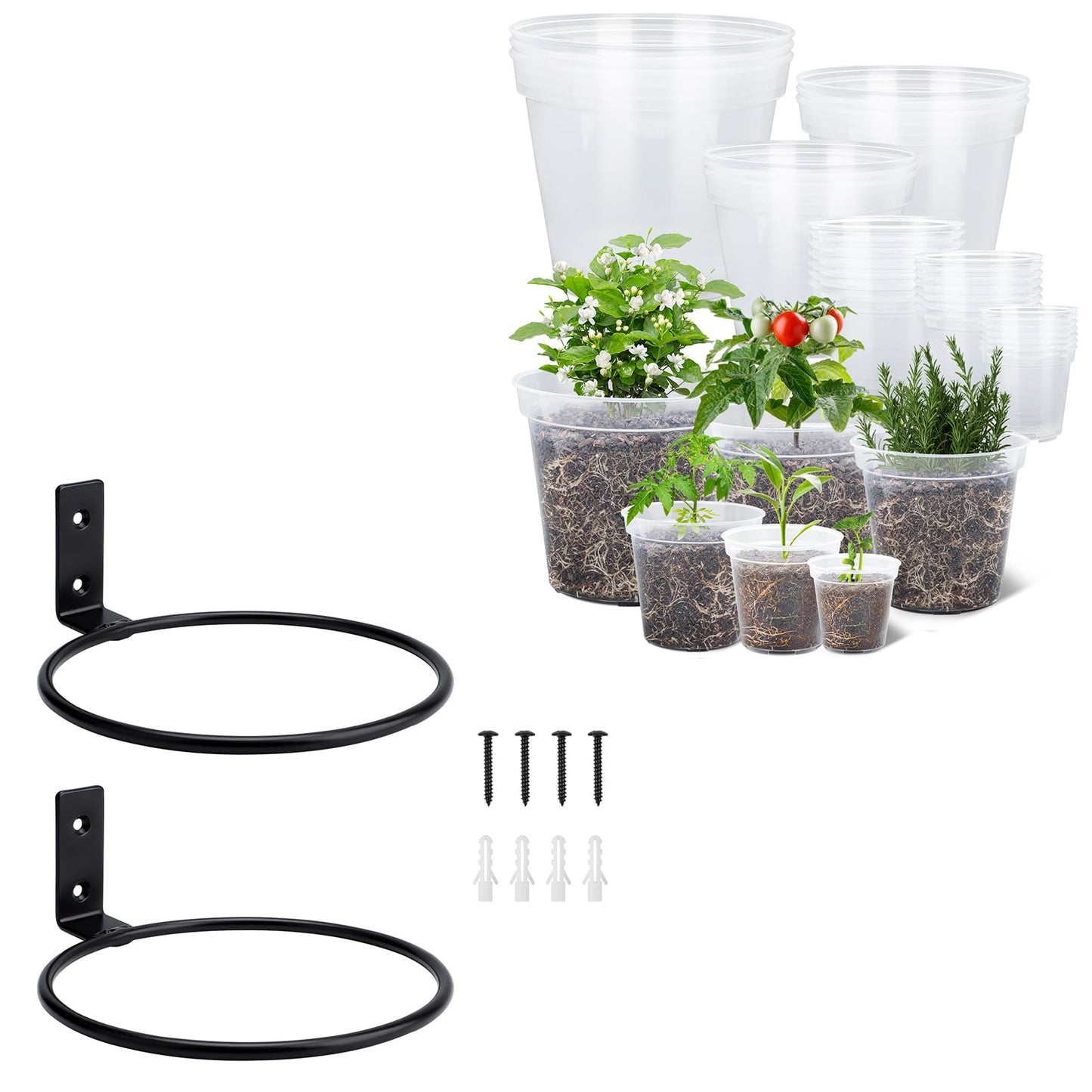 GREANER 6 Inch Wall Plant Holder, 4/5/6/7/8/9 Inch Reinforced Clear Nursery Pots, 2 Packs Heavy Duty Flower Pot Holder Ring and 13 Packs Durable Seed Starting Pot for Balcony, Home, Garden, Yard