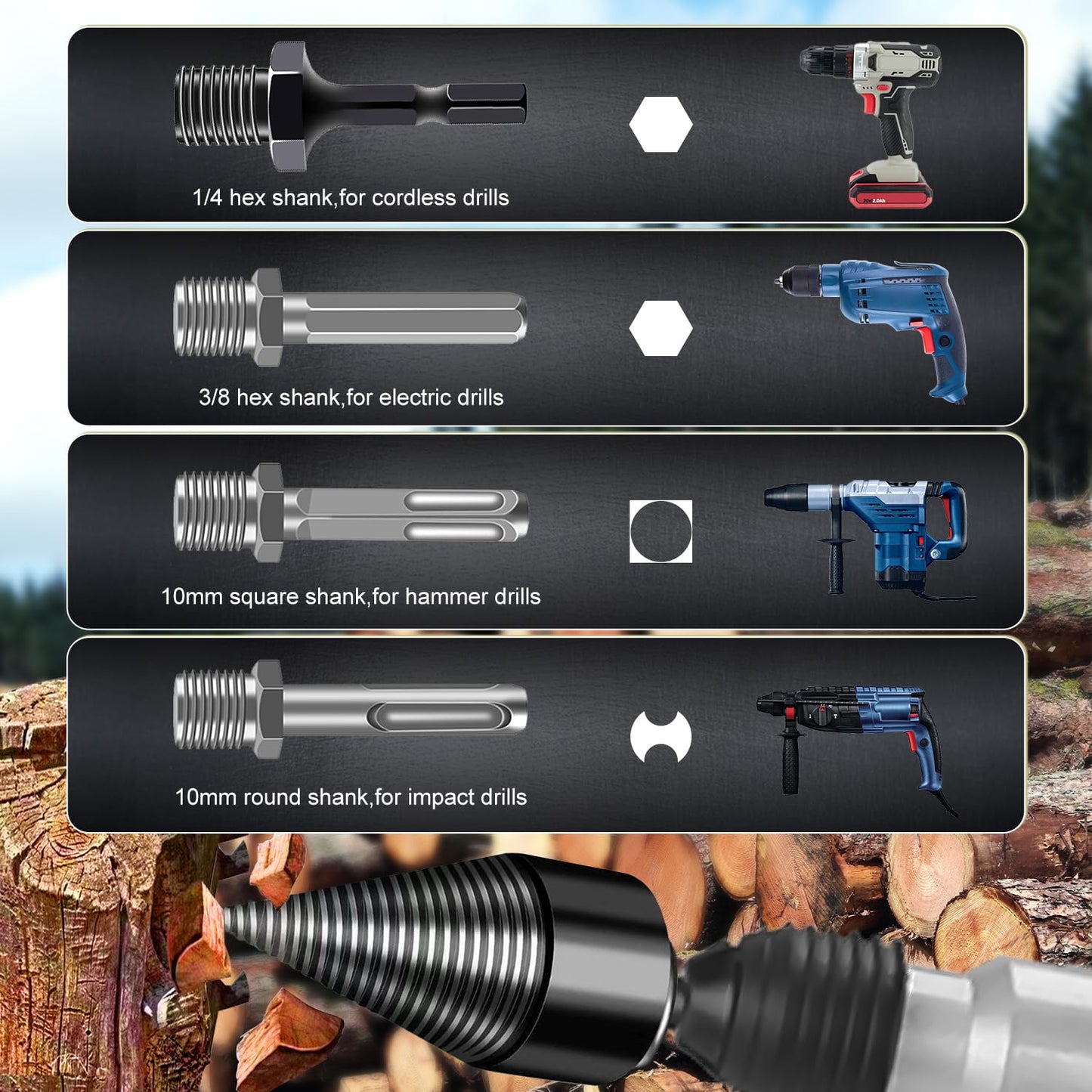 45+32mm Firewood Log Splitter, Fired Wood Kindling Splitter Set Detachable Design, Heavy Duty Electric Drills Screw Cone Driver Removable, Wood Splitting Wedge Tools 6Pcs