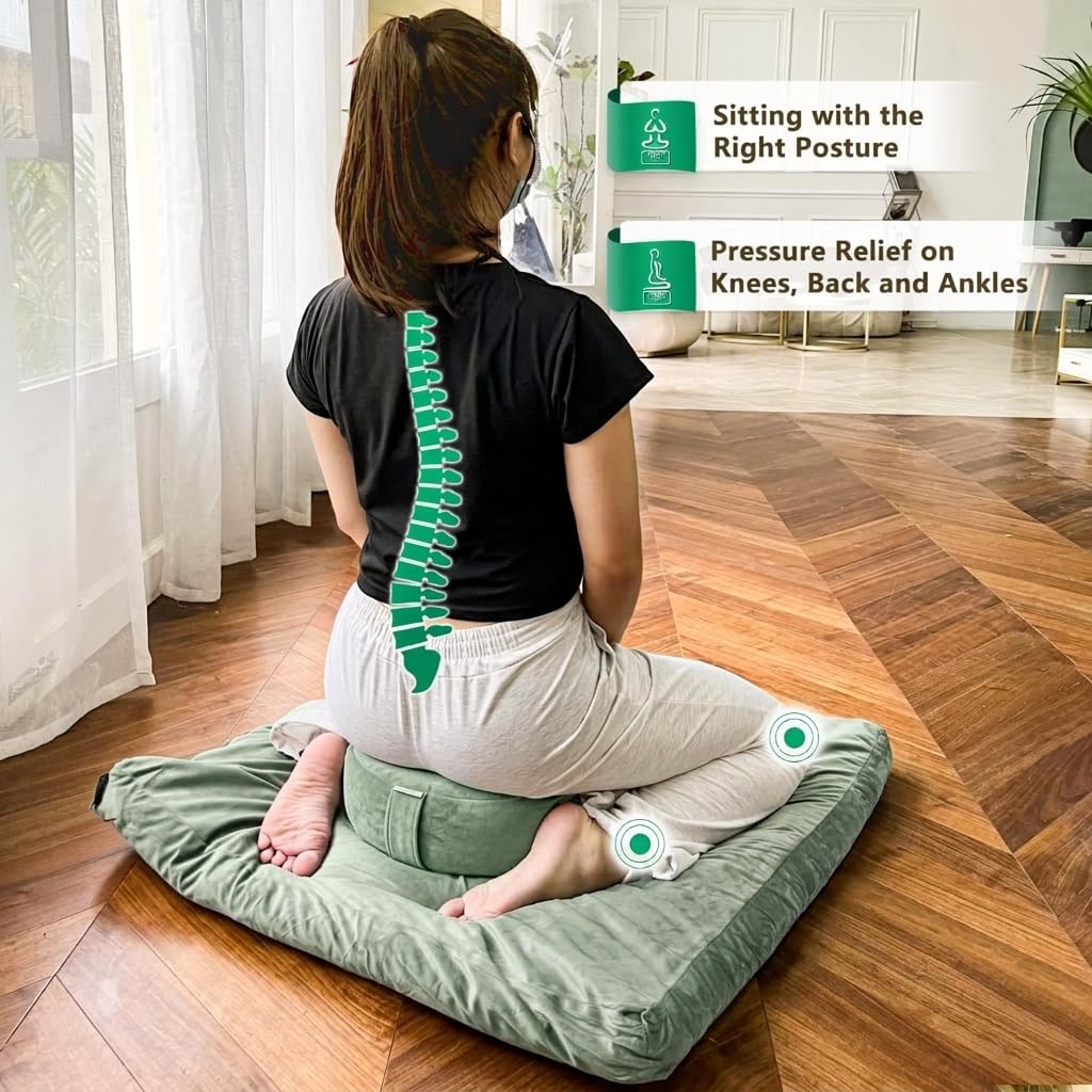 Hihealer Meditation Cushion, Traditional Tibetan Meditation Pillow Velvet Cover - Large Floor Cushion Seating for Adults - Yoga Buckwheat Bolster for Women、Moms