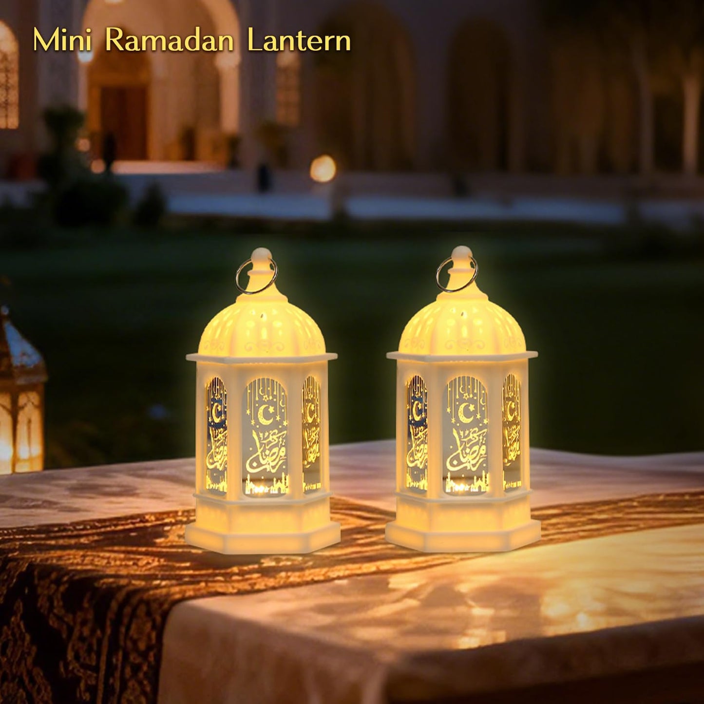 LED Ramadan Lanterns Decorations, Eid Decorations for Home and Table, Small Ramadan Lights with Hanging Rings, Moon & Star Eid Decor, Islamic Home Decor & Muslim Eid Gift (2 Pack)