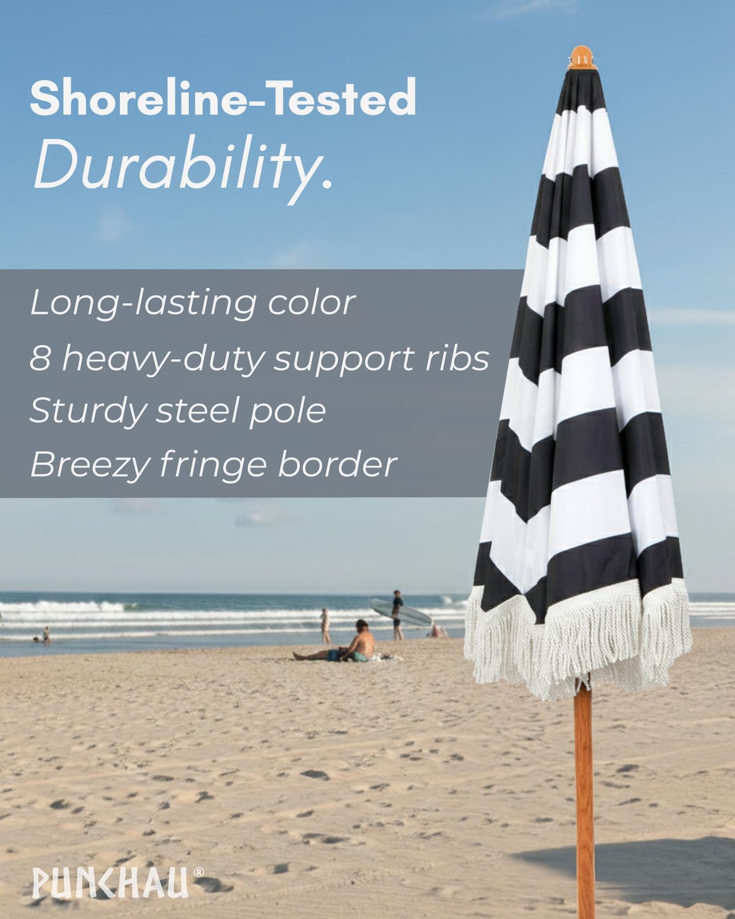 Punchau 6 Ft Fringe Patio Umbrella - Outdoor Umbrella for Patio, Pool, Table, Garden, Deck, & Beach - Push Button Tilt Pole - Fashionable Boho Vintage Tassels & Wood Print - Black & White