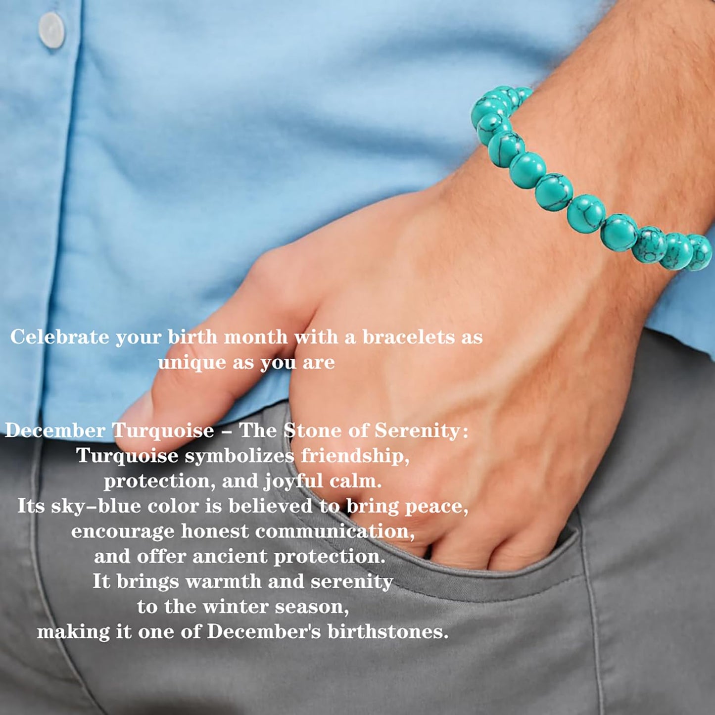 Naupyal December Birthstone Bracelet for Women Men,Turquoise Natural Stone Beaded Bracelets,Healing Crystal Gemstones Stretch Bracelet Stress Relief Month Bracelet Birthday Jewelry Gifts