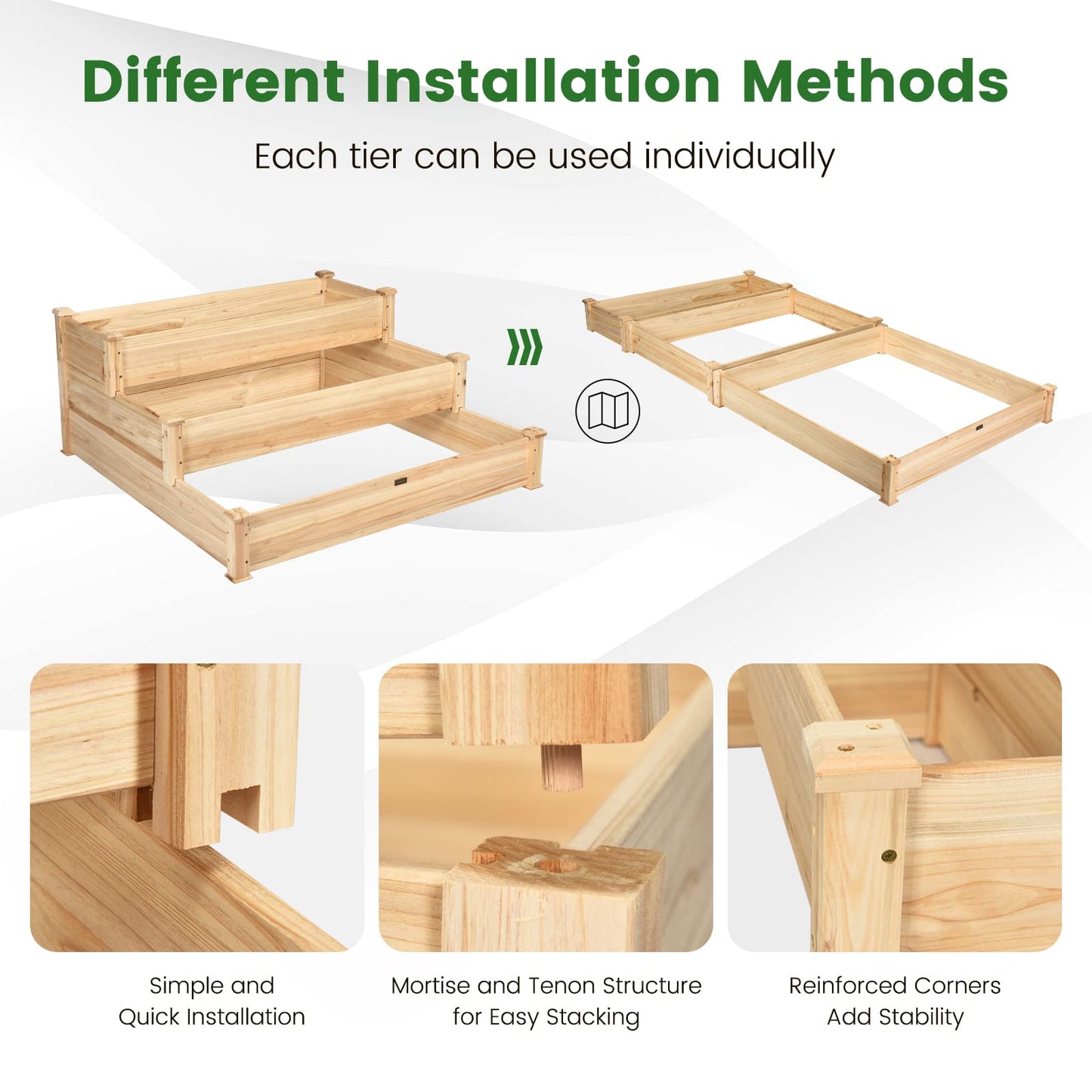 COSTWAY 3-Tier Raised Garden Bed, Wooden Elevated Planter Box for Vegetables Flowers Herbs Fruits, Outdoor Growing Planter Box Stand for Garden, Backyard, Patio, Balcony