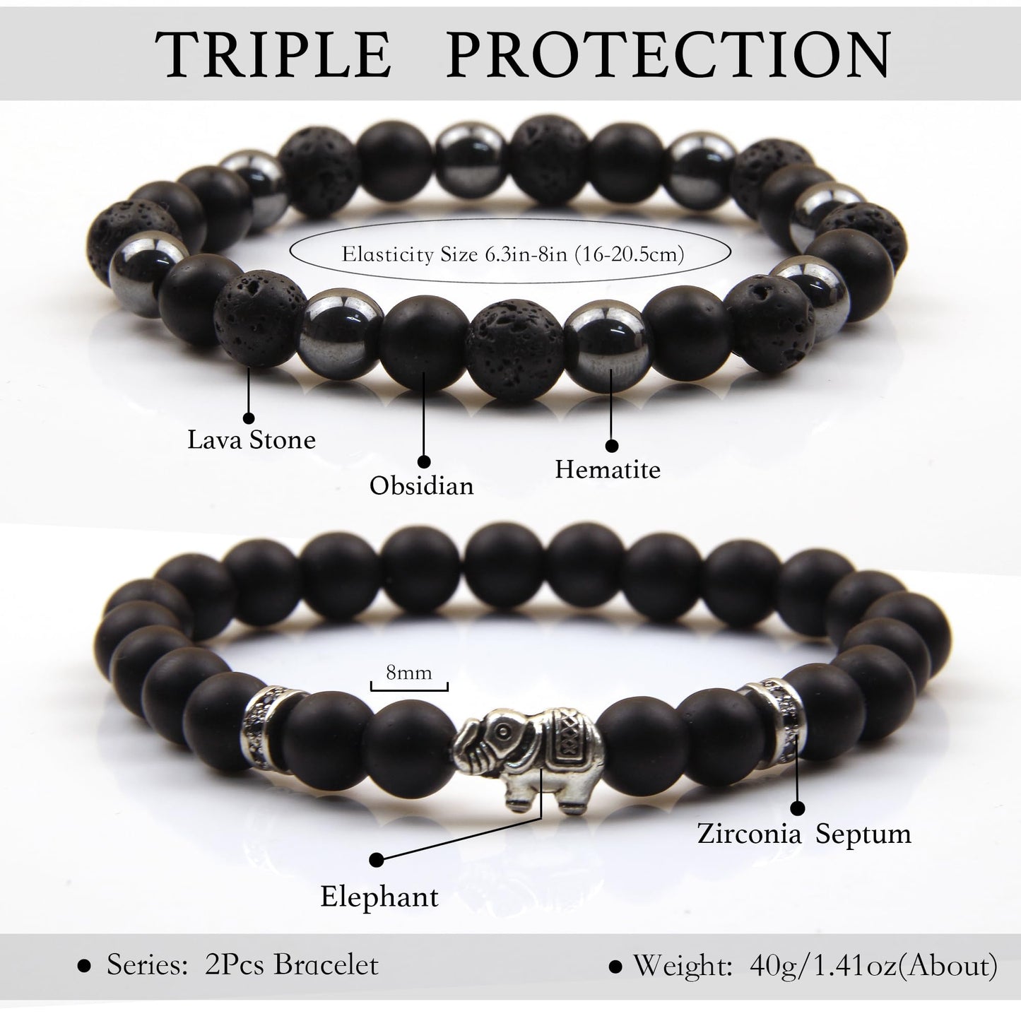 GDLKPYHS Black Obsidian Bracelets for Men - Elephant Bracelet - Tourmaline Beaded Bracelets, 8MM Black Onyx Hematite Lava Stone Beads Triple Protection Bracelet for Men Women Gifts