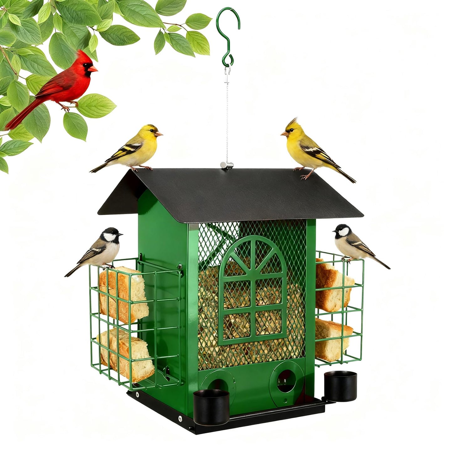QZLOHOM Outdoor Metal Hanging Bird Feeder Large Capacity Premium Wild Bird Feeder (Includes Bread Tray) Metal Mesh Design Multi-Compartment Food Storage Green (Green)