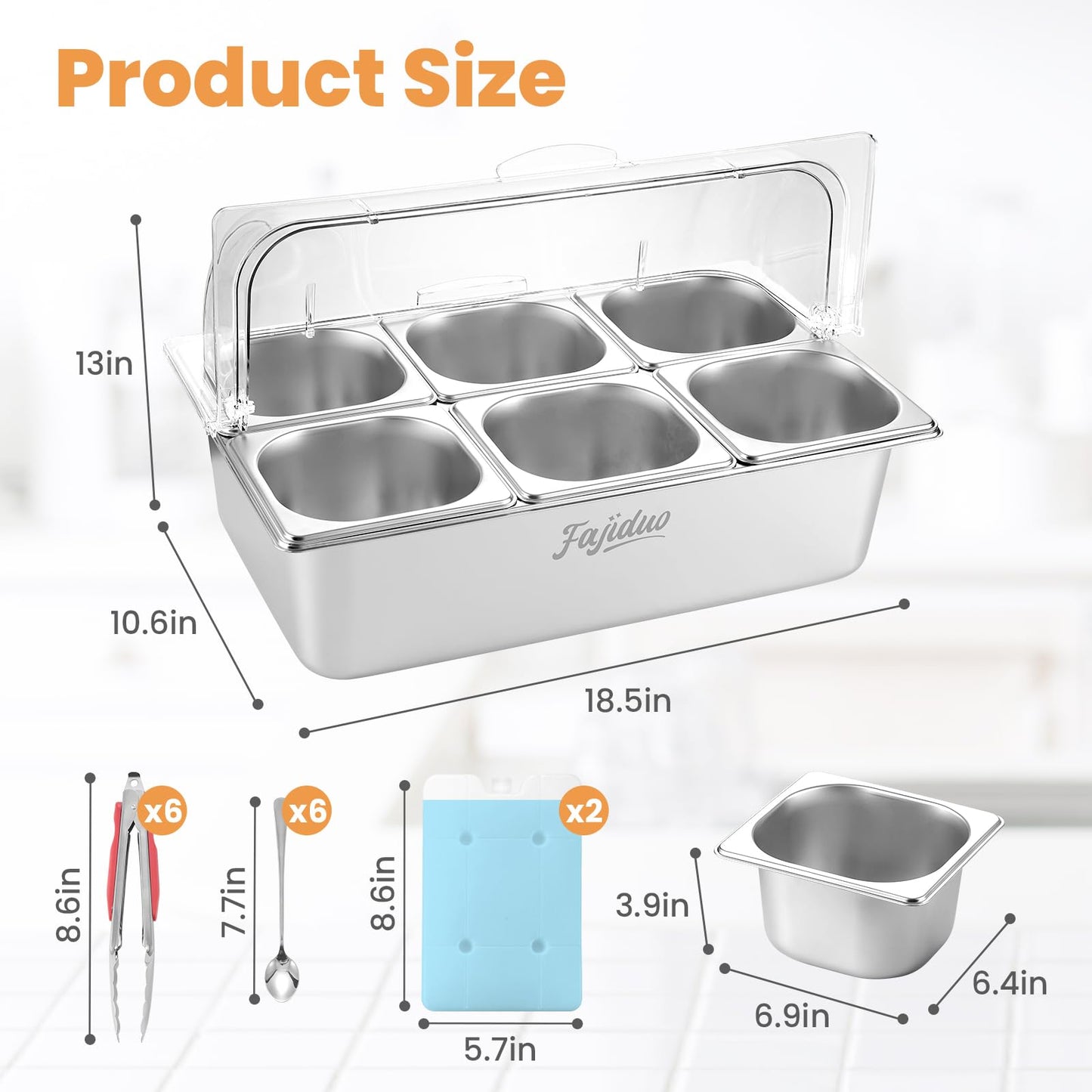 Countertop Ice Food Serving Display Container, Spice Display Salad Dressing Cooler, Stainless Steel Food Serving Tray Buffet Condiment Dispenser with Clear Roll Top Cover, Clamps, Spoons, Ice Box