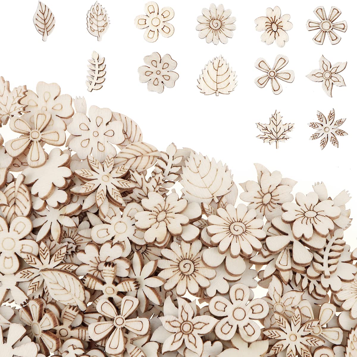 300 Pcs Wooden Embellishments Mixed Flower Leaf Pattern Wooden Scrapbooking DIY Handmade Crafts Children DIY Graffiti Home Decor