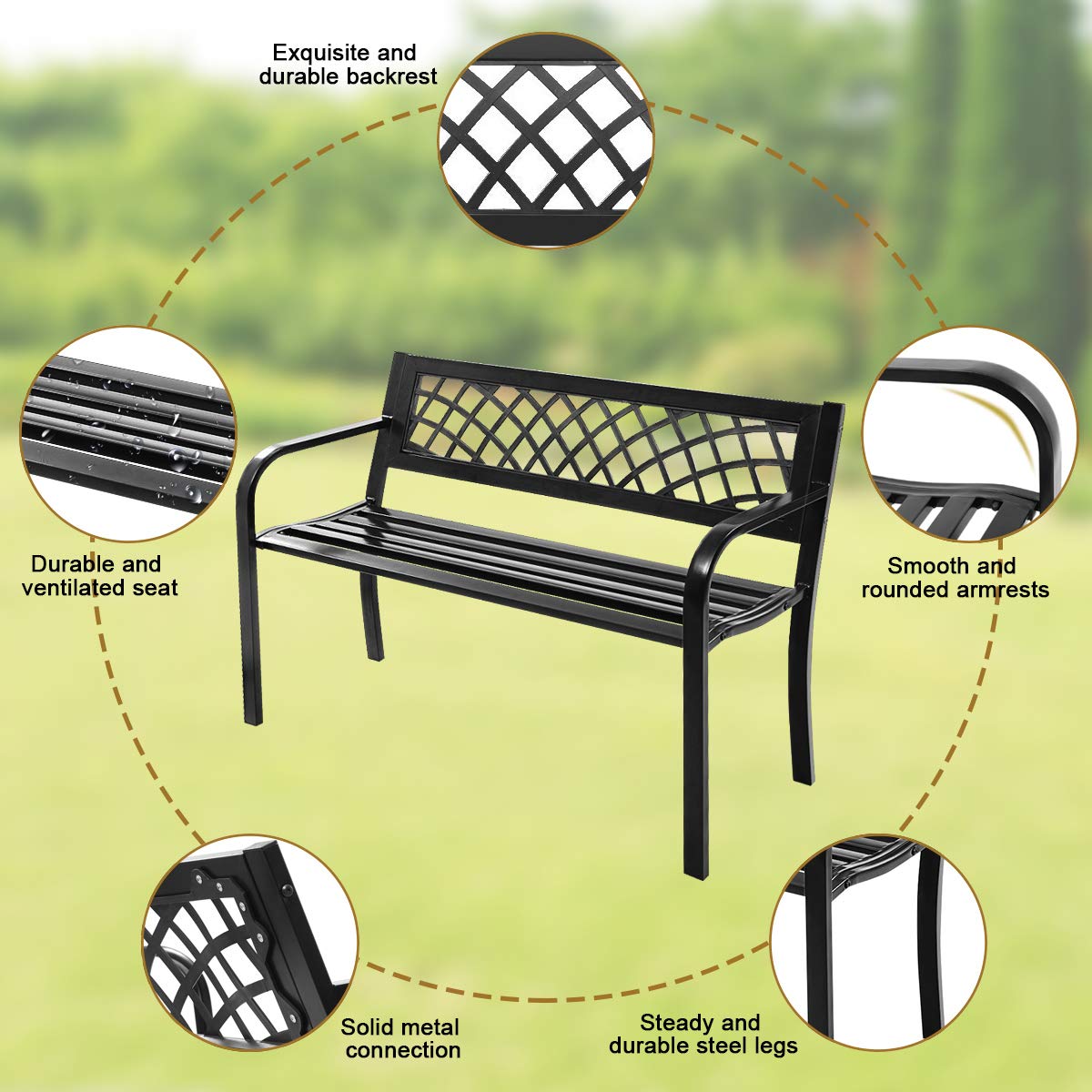 Tangkula Outdoor Garden Bench Park Bench with Steel Frame & PVC Backrest, Park Bench with Large Seat for 2-3 People, Patio Furniture Chair for Yard, Balcony, Porch & Poolside, Garden Welcome Bench