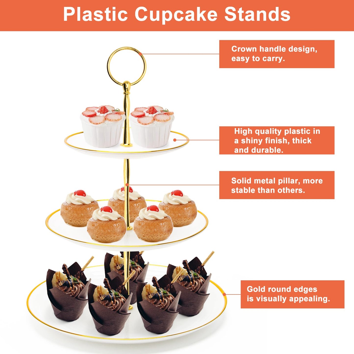 Coitak 3 Tier Cupcake Stand, Plastic Tiered Serving Stand, Dessert Tower Tray for Tea Party, Birthday and Wedding (Round-gold edge)
