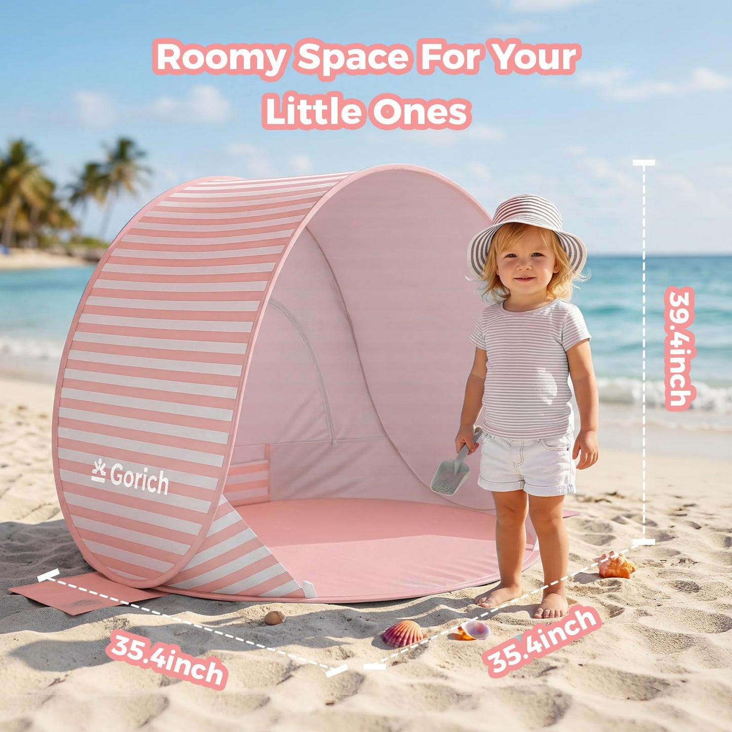 Gorich Pop Up Baby Beach Tent with UPF50+ UV Protection, Portable Toddler Sun Shelter with Mesh Ventilation, Lightweight & Foldable Play Shade Tent for Beach, Park & Backyard
