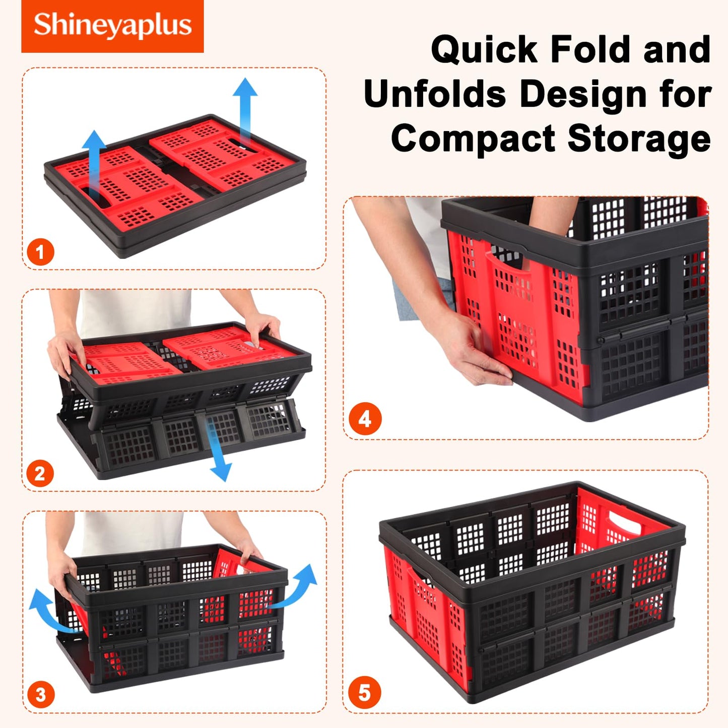 Shineyaplus 55L Collapsible Milk Crate for Storage, Plastic Crates 1 Pack, Collapsible 55lbs Heavy Duty Storage Crates for Home, Camping, Organizing