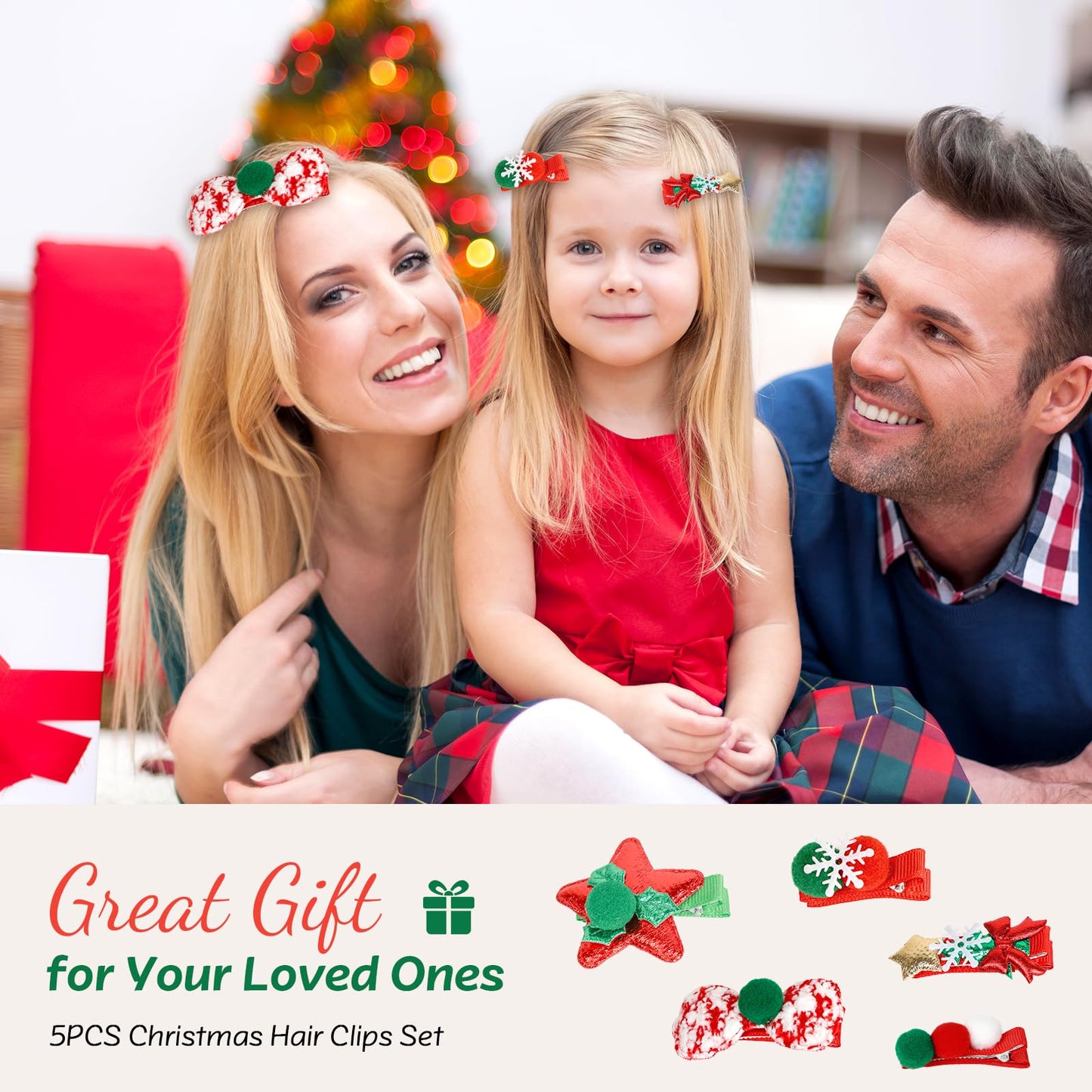 Christmas Hair Clips Set - Santa Hat, Snowflake, Bow & Star Barrettes for Women Girls Holiday Party (Red/Green) Hair Accessories for Women Girls (Pom Pom)