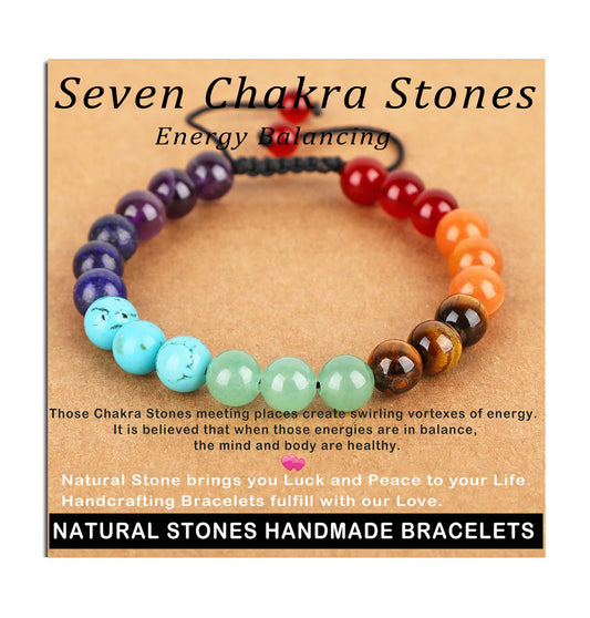 AD Beads 8mm Seven Chakra - Energy Balancing - Handmade Natural Stone Crystal Bracelet with Adjustable Macrame String - Yoga Healing Power Energy Gifts for Men and Women