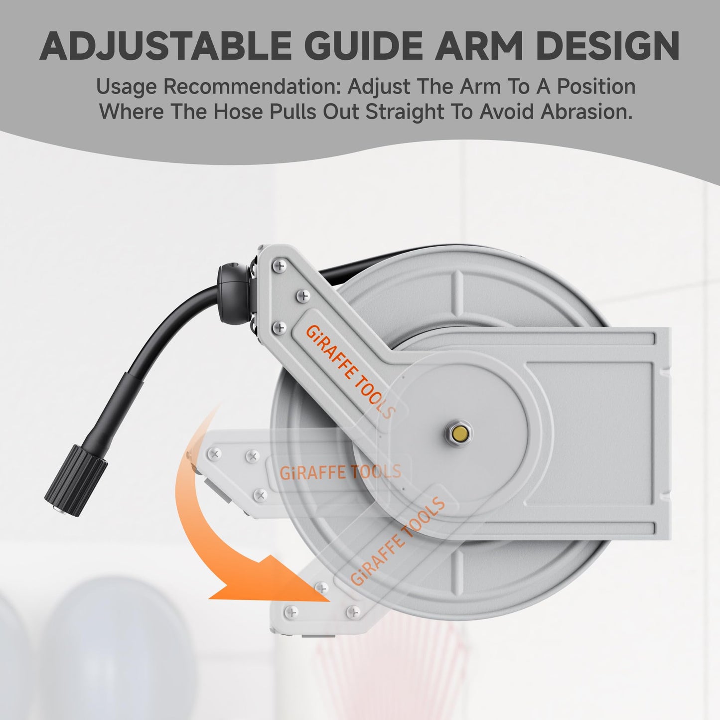Giraffe Tools Pressure Washer Hose Reel 65ft, 3200 PSI Power Washer Hose Reel, Pressure Washer Retractable Hose Reel, Heavy Duty, Wall/Floor Mounted, Silver