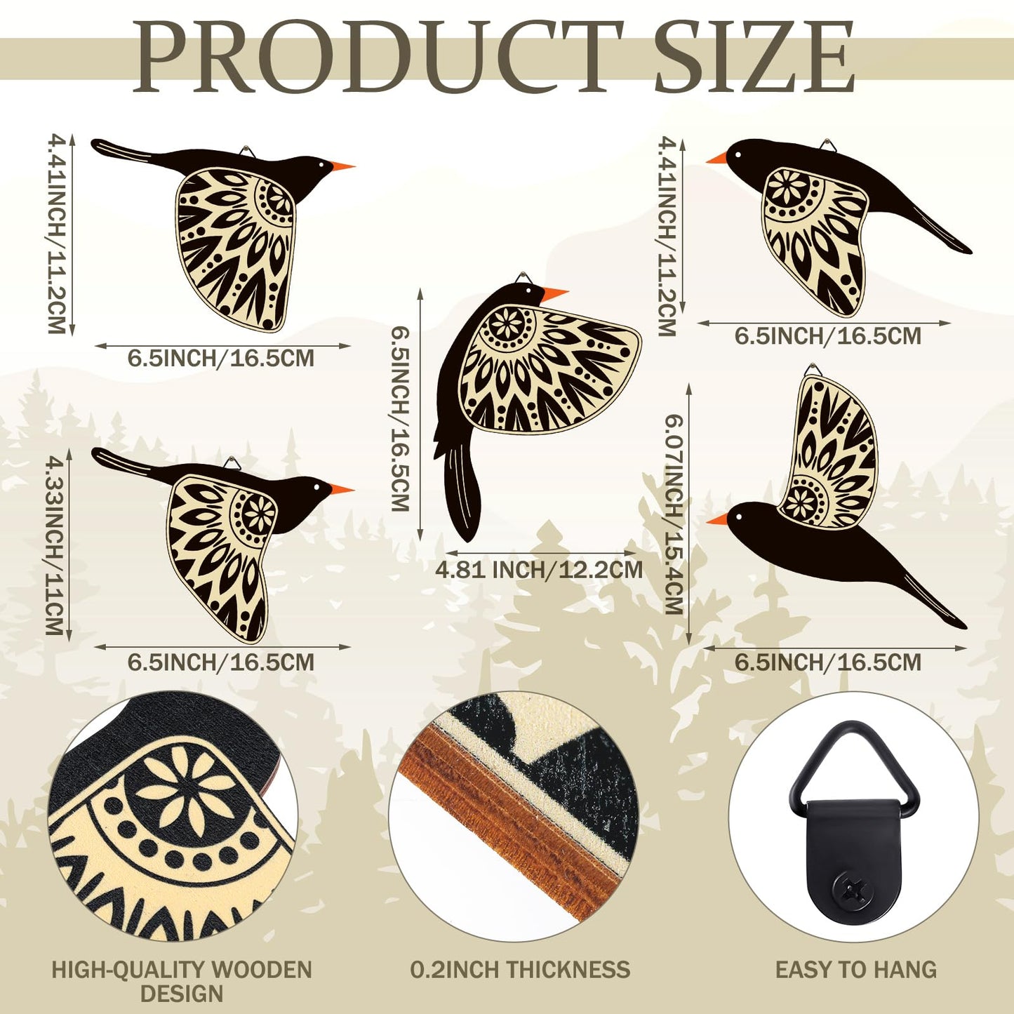 Barydat 5 Pcs Wooden Bird Wall Art Wood Flying Birds Wall Decor Rustic Folk Art Scandinavian Home Decor for Gift Living Room Bedroom Kitchen Office(Black)