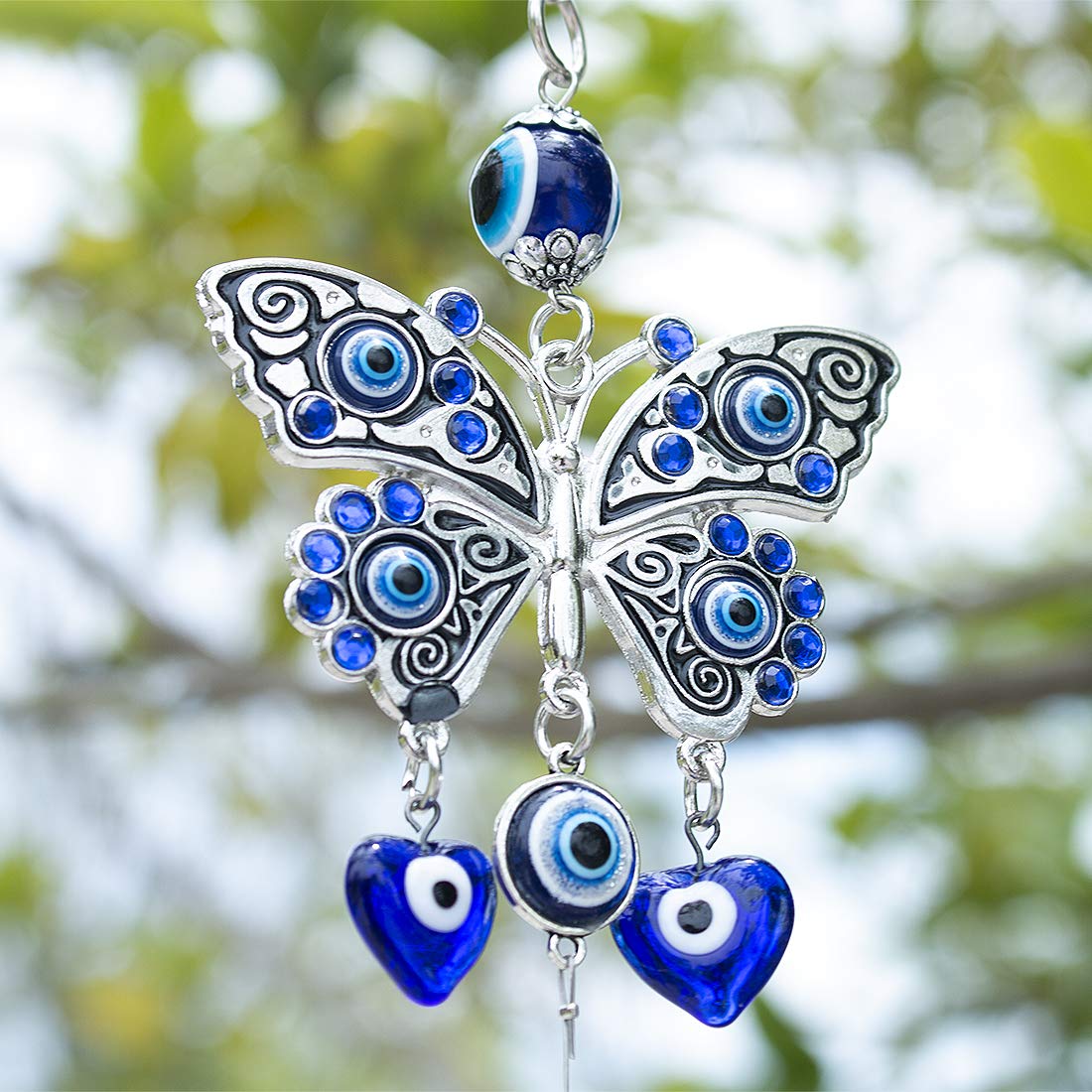 Turkish Blue Evil Eye Butterfly Wall Hanging with Crystal Suncatcher Ornament for Home Decor Protection Good Luck Blessing Housewarming Birthday Gift