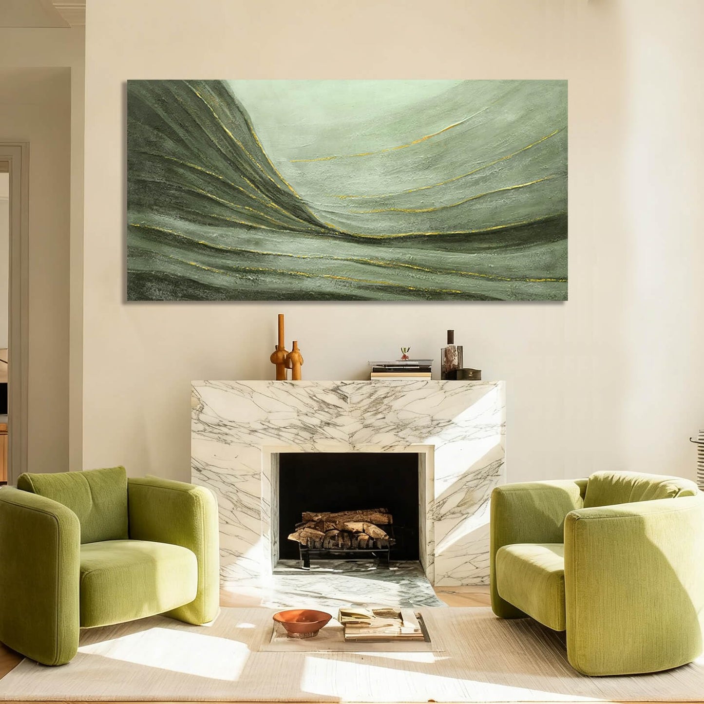 MLART99 Large Green and Gold Abstract Canvas Wall Art 24x48 Inch Modern Minimalist Painting for Living Room Bedroom Office Above Couch Wall Decoration Home Décor