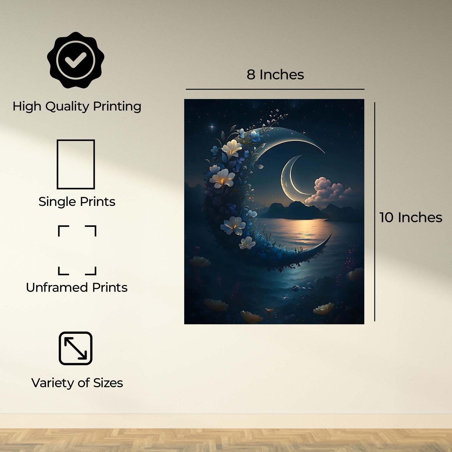 InkFlow Posters Designed Moon Poster - Celestial Wall Art Featuring Stylized Moon Phases and Stars Great for Bedroom, Meditation or Office Decor - 8x10 Unframed Canvas Print