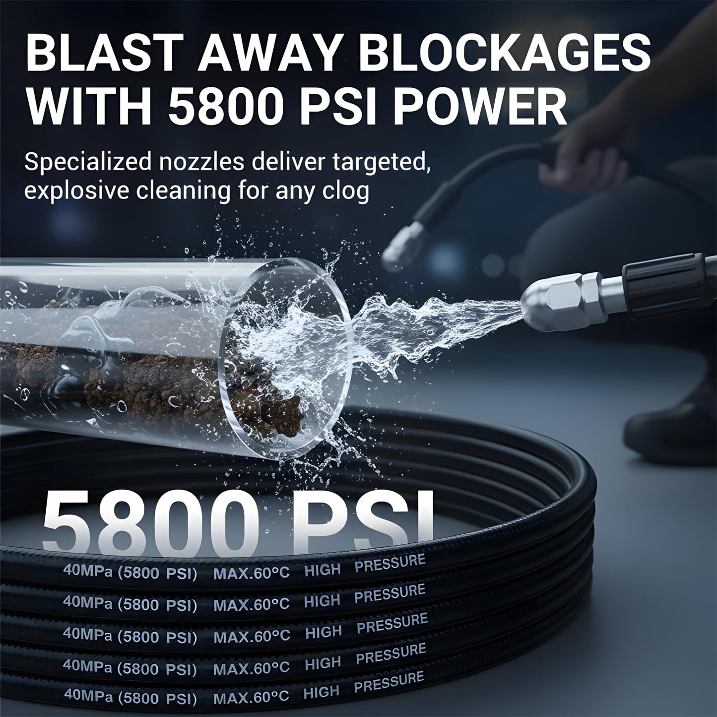 High Pressure Drain Cleaner Hose 5800 PSI, Triple Layer Burst-Proof PVC & Stainless Steel Sewer Jetter Hose Kit, Universal Pressure Washer Drain Unblocker (3-Nozzle-15Ft Explosion-Proof Pipe)