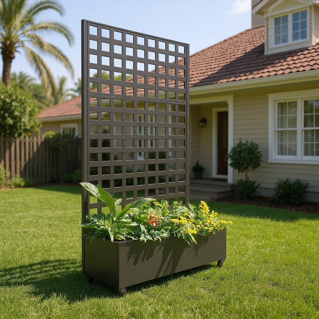 Metal Raised Garden Bed with Trellis and Wheels, 72"x47" Planter Box for Climbing Plants, Vegetables & Vines, Features Drainage Holes and Privacy Screen