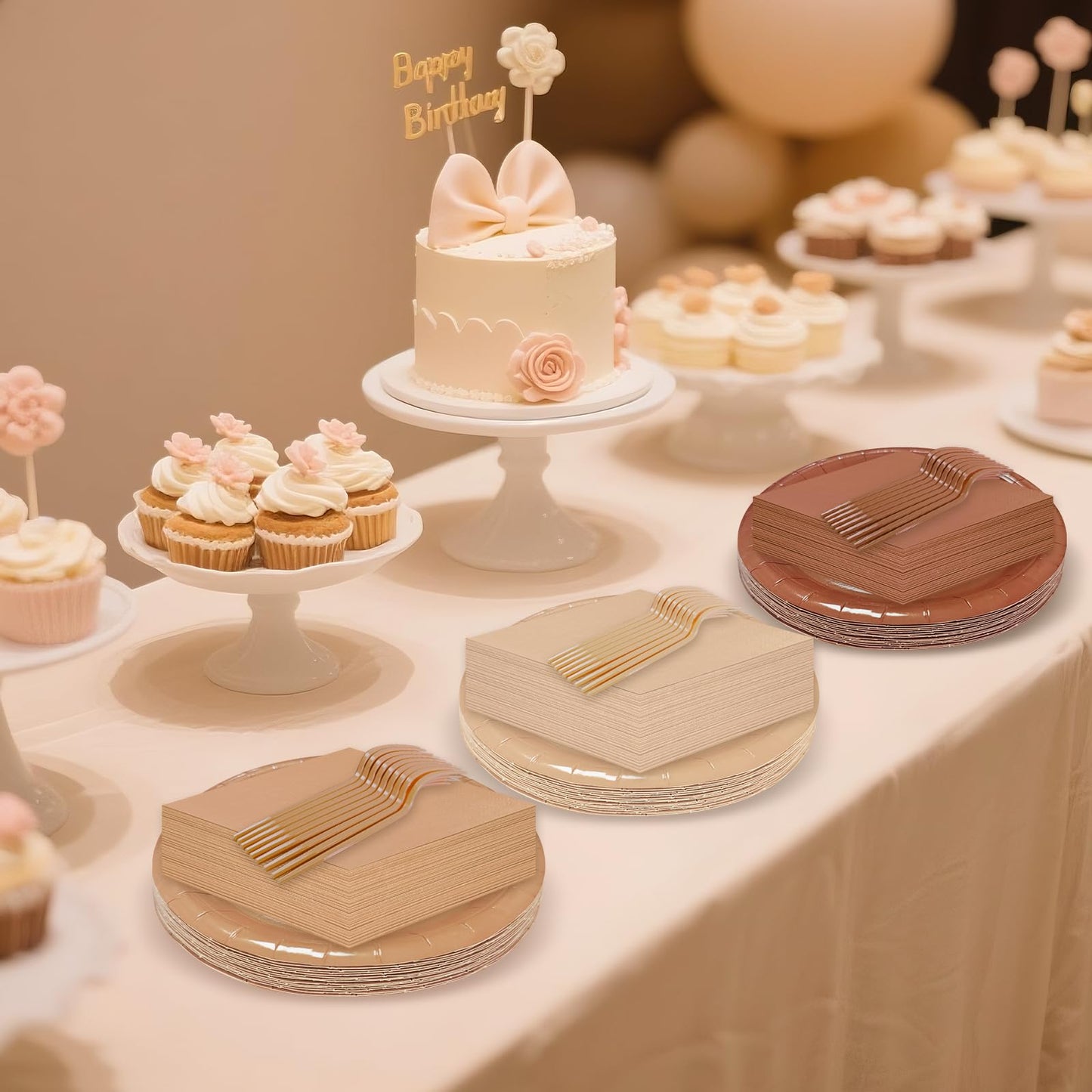 WXLDGHQ Serves 35 Guests Gradient Brown Plates and Napkins Party Supplies,7" Gradient Brown Birthday Dessert Paper Plates and Napkins,Disposable Party Dinnerware for Wedding,Graduation