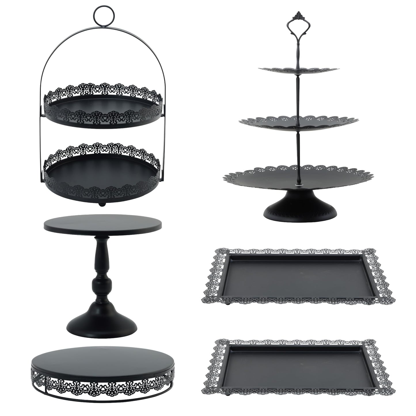 6 Pcs Black Cake Stands Set, QENUIITEA Cake Display Pedestal Tiered Cupcake Holder Dessert Plate Serving Tower Tray Decorative for Wedding Birthday Party Baby Shower Celebration