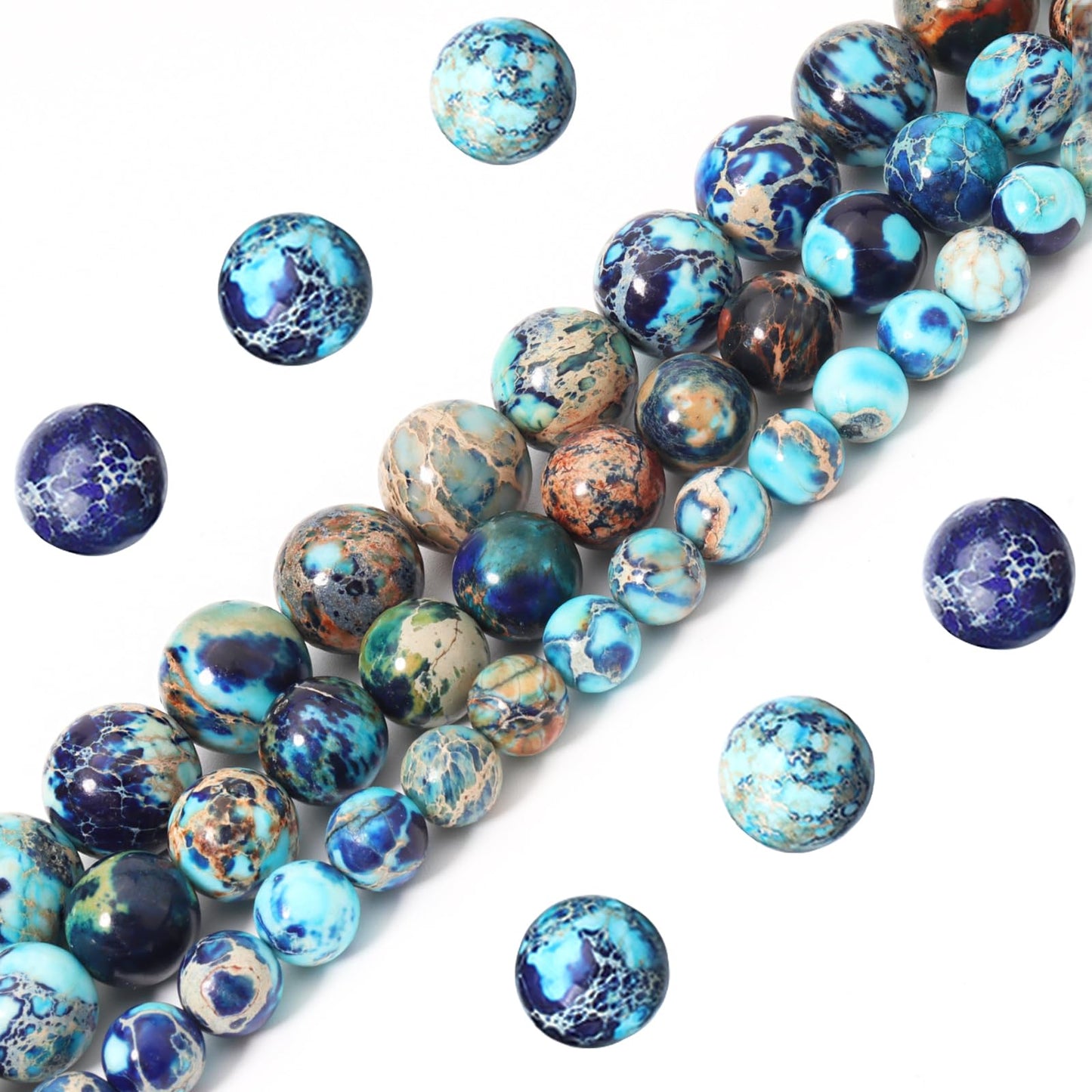Siomia 45pcs 8mm Natural Mixed Blue Imperial Jasper Gemstone Beads Energy Healing Crystal Round Loose Stone Beads for Jewelry Making, DIY Bracelets Necklaces