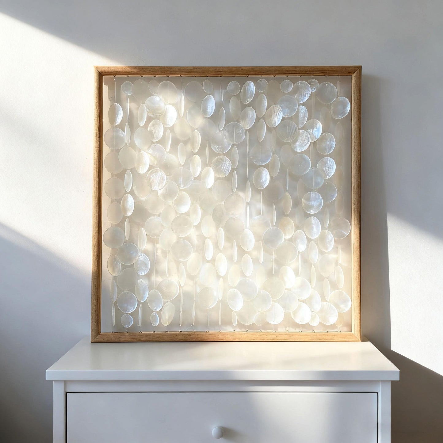 Bergamot 3D Handmade 24"x24" Capiz Shell Wall Hanging Decor, Solid Wooden Framed Coastal Wall Decor, Minimalist White Sea Shell Art for Living Room, Bedroom, Office