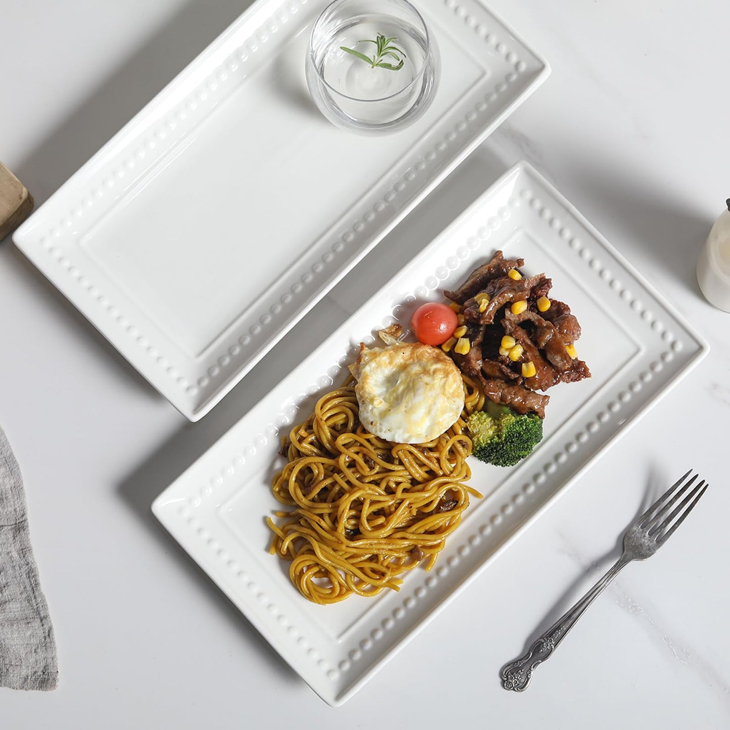 Feenmai 14 inch Ceramic Serving Platter - Rectangular Serving Trays Set of 4, Large Embossed Plates, Porcelain White Platters for Steak, Appetizer, Dessert, Tacos, Housewarming, Oven Dishwasher Safe