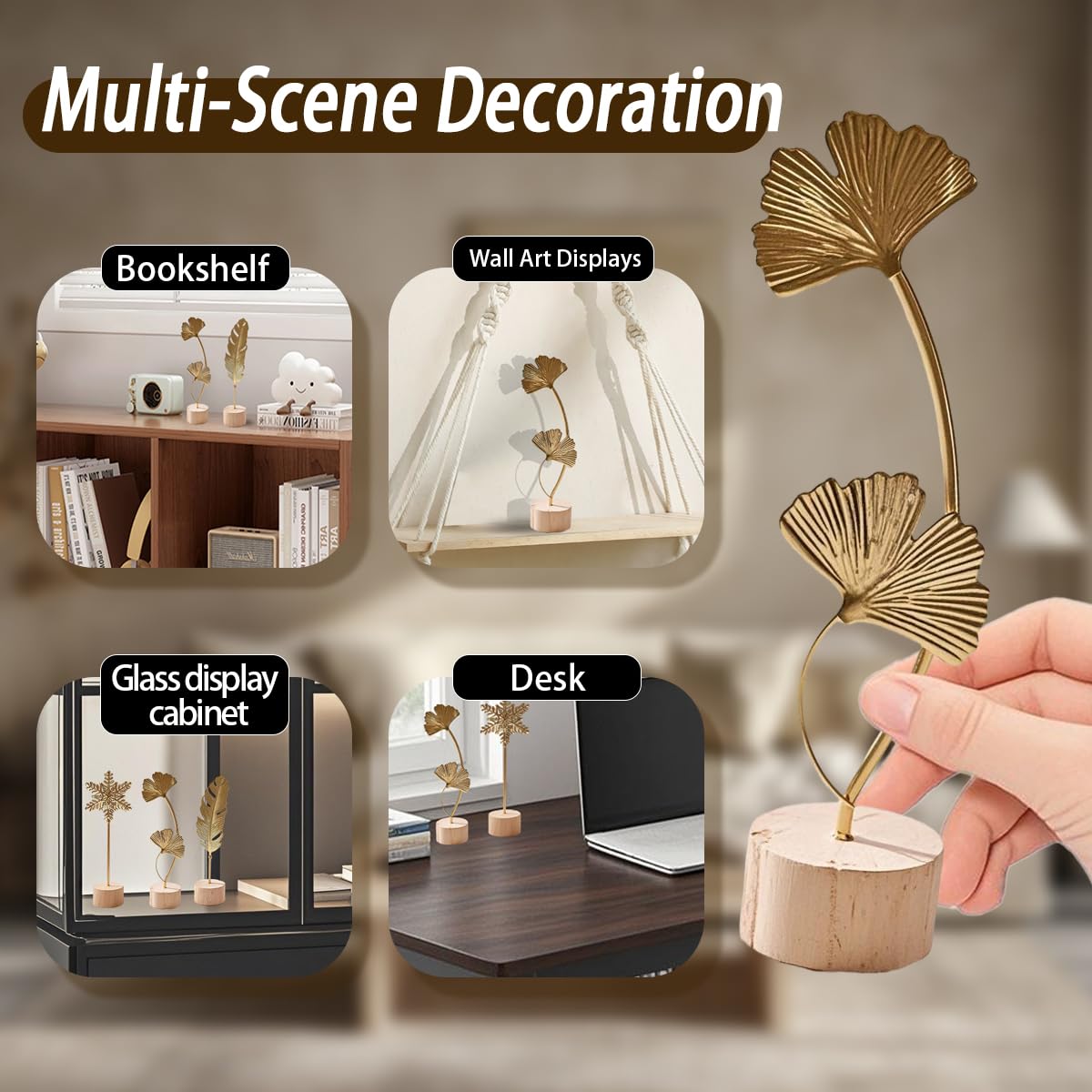 Uimoky Gold Leaf Home Decor Set - Metal Leaves Statues, Modern Artistic Sculptures for Living Room, Office, Shelf & Home Decorative, Handmade 3D Botanical Accents (Monstera, Feather, Ginkgo, 3PCS)