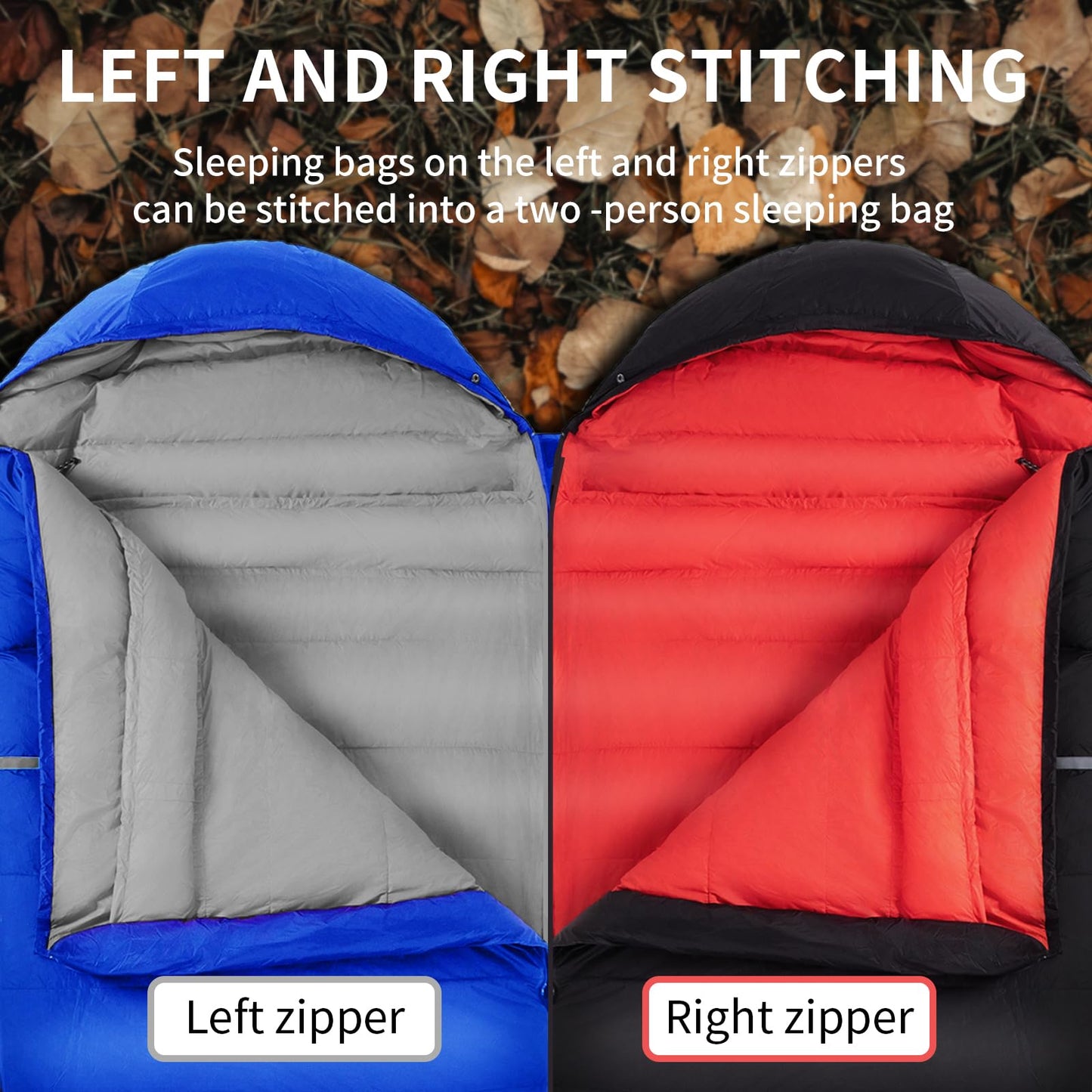 QEZER Down Sleeping Bag for Adults 600 Fill Power Down Sleeping Bag Cold Weather Ultralight Sleeping Bag with Compression Sack for Backpacking, Camping, Hiking (500g Down Filling-Black-Right Zip)