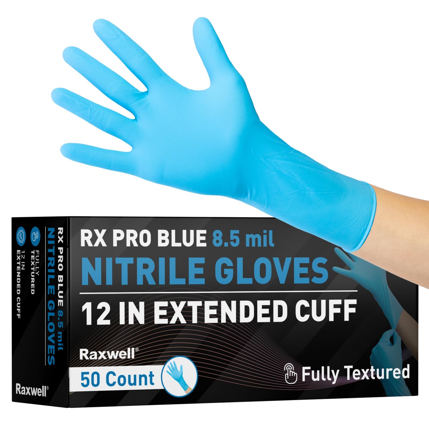Raxwell Nitrile Gloves - Chemical Resistant Dishwashing Gloves - Textured Grip Waterproof Work Gloves - Heavy Duty Extended Cuff Protection - Large, Blue, 50 Count, 8.5 Mil