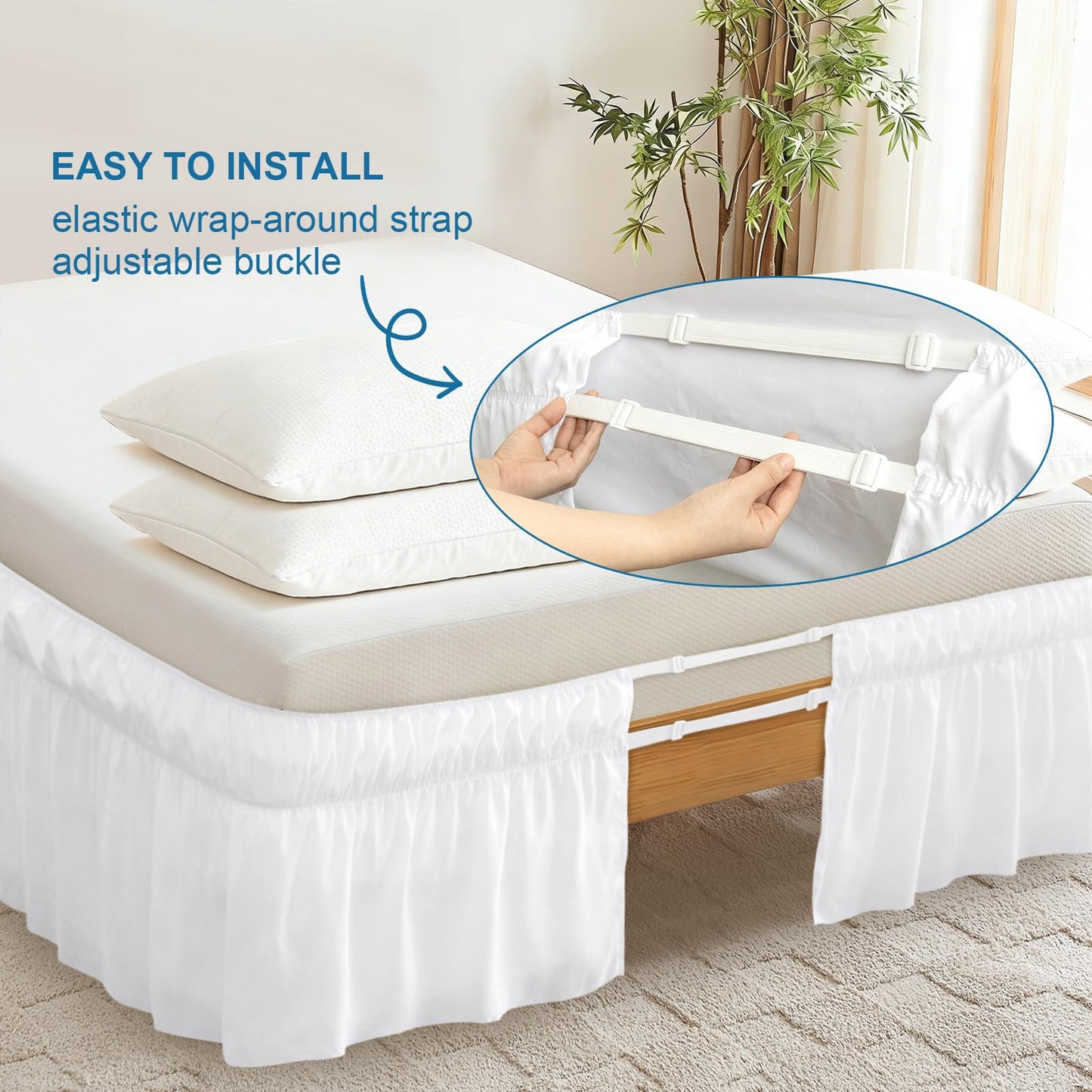 SPRINGSPIRIT Queen Bed Skirt with Elastic Strap, Ruffle Bed Skirting with 16 inch Drop, Wrinkele Free, Machine Washable, Hotel Quality, White