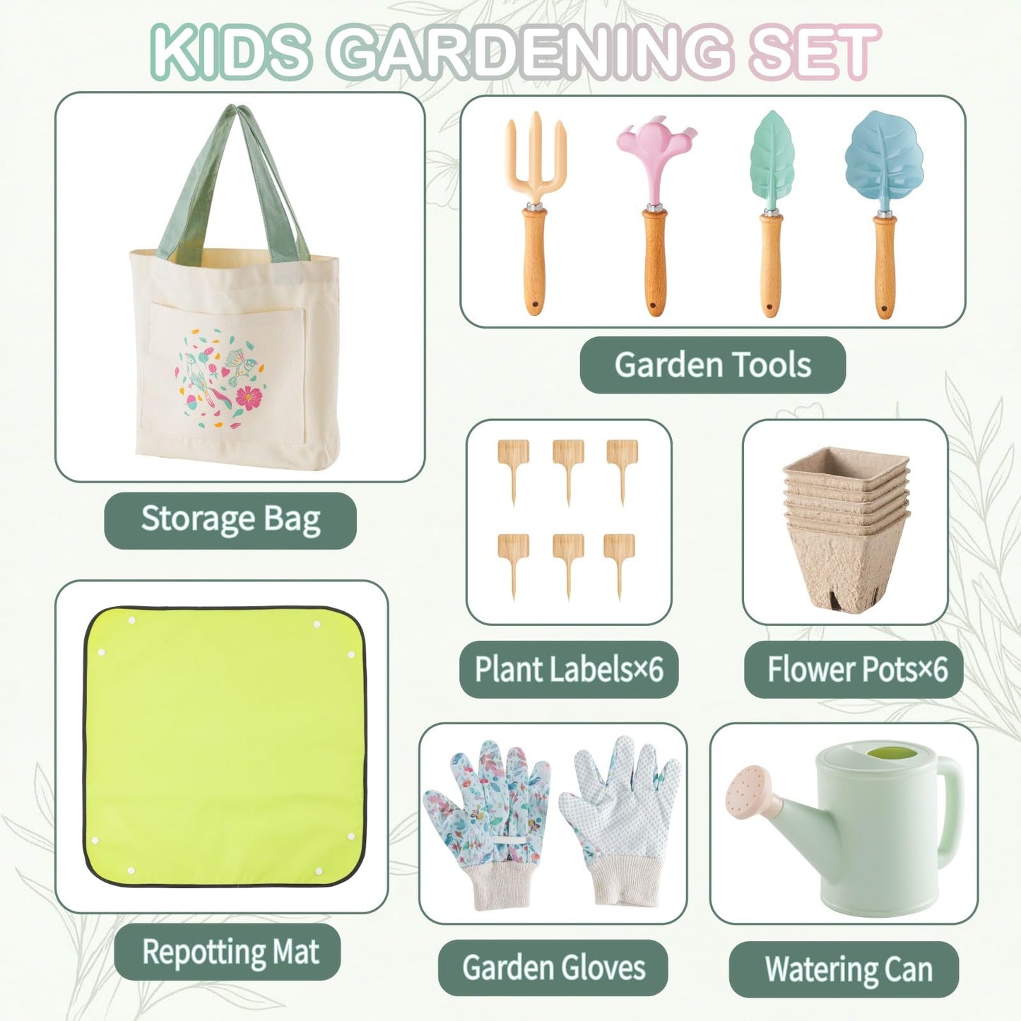 Kids Gardening Set Toys, Garden Tool for Kid with Tote Bag, Repotting Mat, Trowel, Shovel, Fork, Rake, Watering Can and Gloves, Montessori Toy for Kids, Outdoor Toys Gift for Toddlers Boys Girls