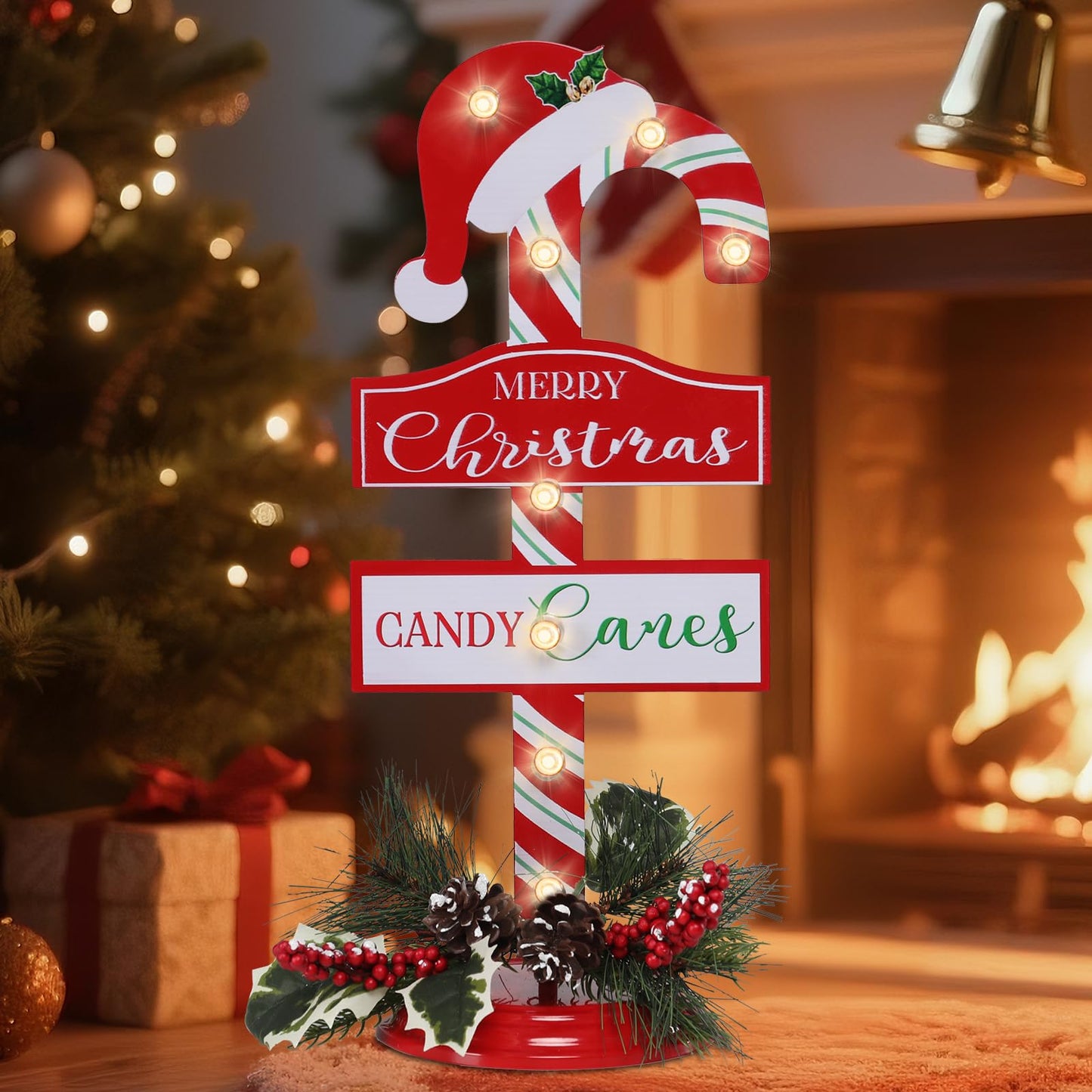 WONDER GARDEN Christmas Signs Indoor - 2 Pack Lighted Candy Cane Signs with Artificial Holly Berries, 16 Inch Metal Standing Merry Christmas Sign Decorations for Home or Party Table Decor Gift(Hat)