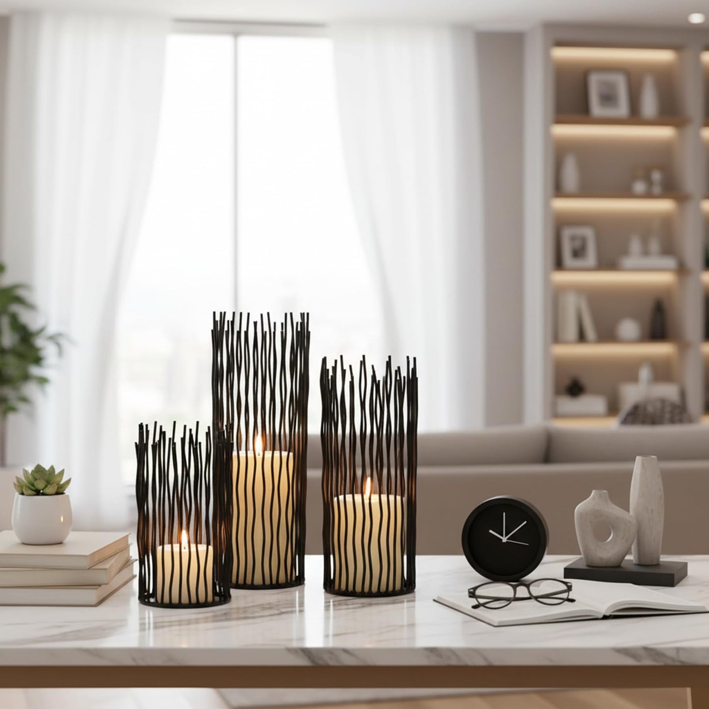 Metal Candle Holders for Pillar Candles - Creative Wire Candle Holder Set of 3 for Fireplace Mantel, Black Candlestick Holders for Table Centerpieces Halloween Christmas Birthday Party Home Decor