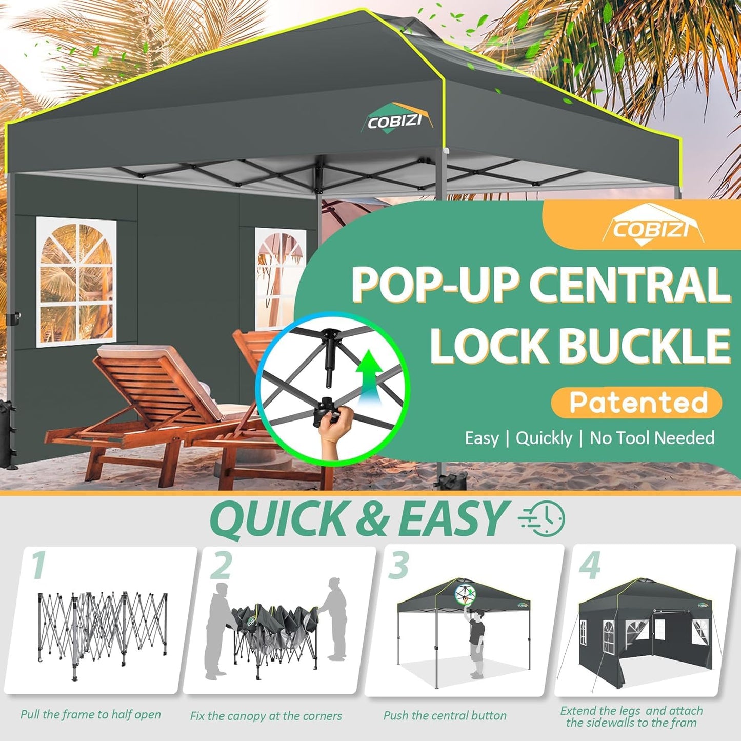 COBIZI 10x10 Pop up Canopy Tent with Sidewalls One Person Setup, Easy Outdoor Commercial Event Gazebo Shelter Enclosed Waterproof with Air Vent, 4 Sandbags for Garden,Party,Grey