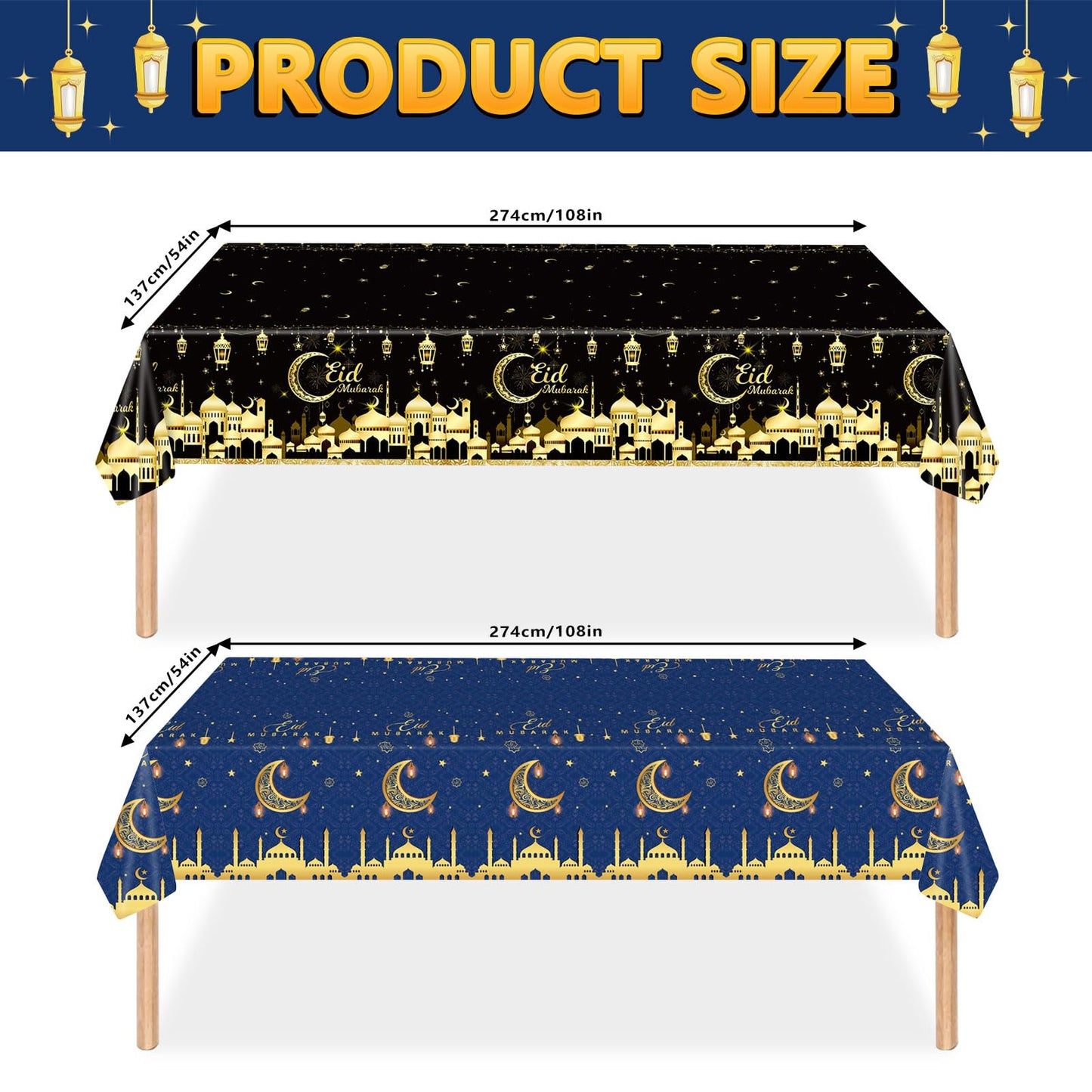 2PCS Eid Mubarak Tablecloths Ramadan Mubarak Table Cloths Eid Al-fitr Disposable Table Cover Islamic Eid Mubarak Decorations Moon Star Lantern Plastic Rectangle Tablecloth for Dinner Picnic 54"x108"