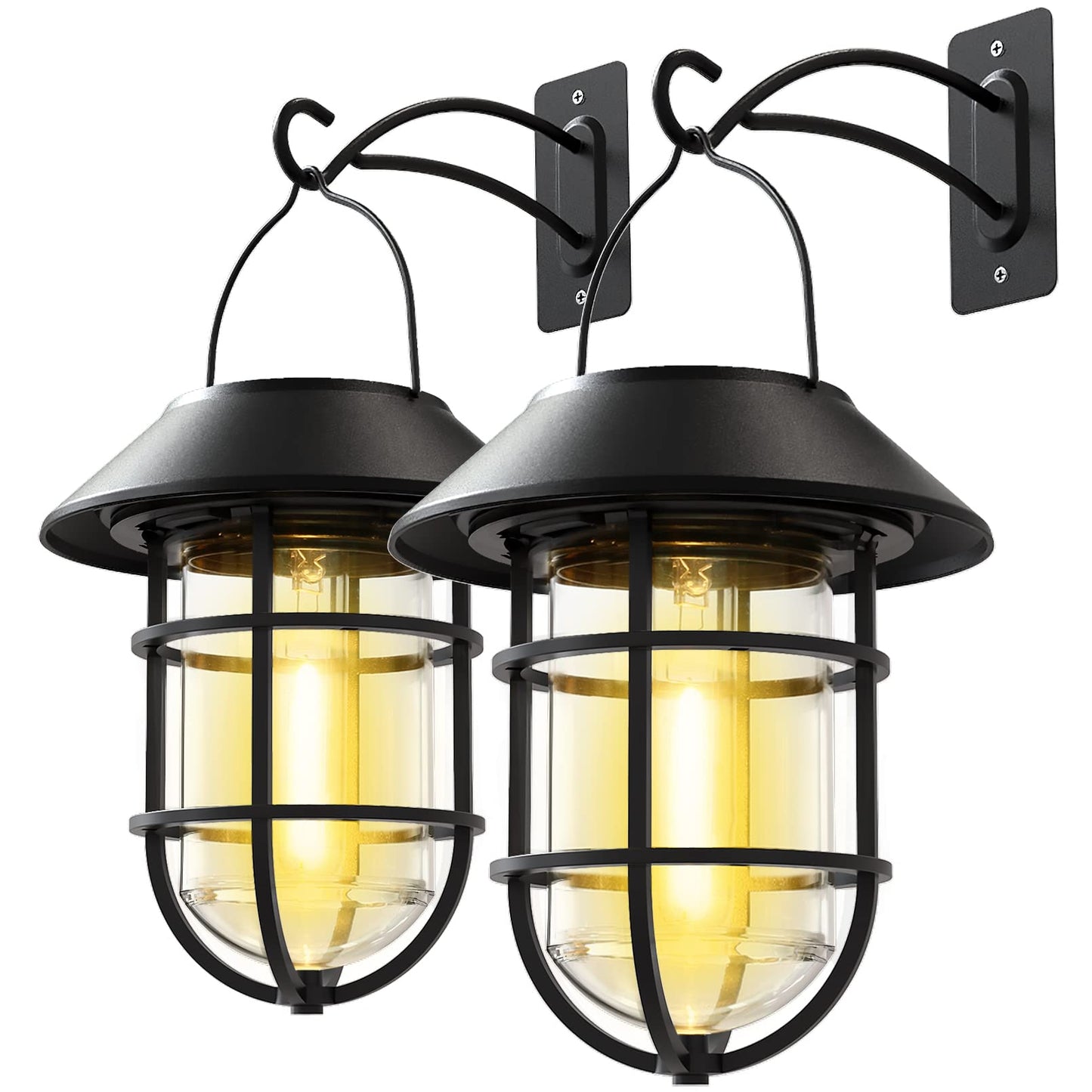 Solar Lantern Hanging Solar Lights Outdoor, Waterproof Metal Wall Lantern with Hooks, Outdoor Wall Lights for Porch, Patio Yard Garden Decor, No Wiring Required, 2 Pack