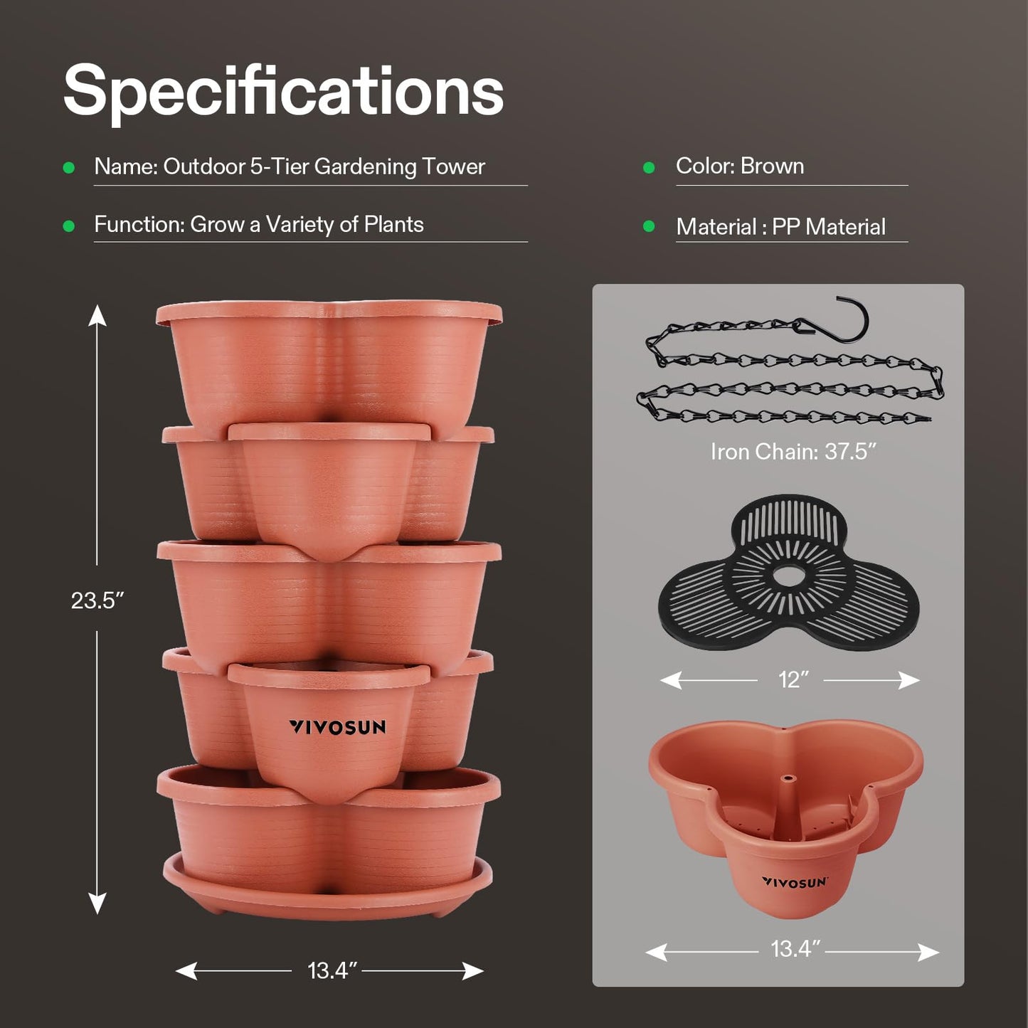 VIVOSUN 5 Tier Vertical Gardening Stackable Planter for Strawberries, Flowers, Herbs, Vegetables, Brown
