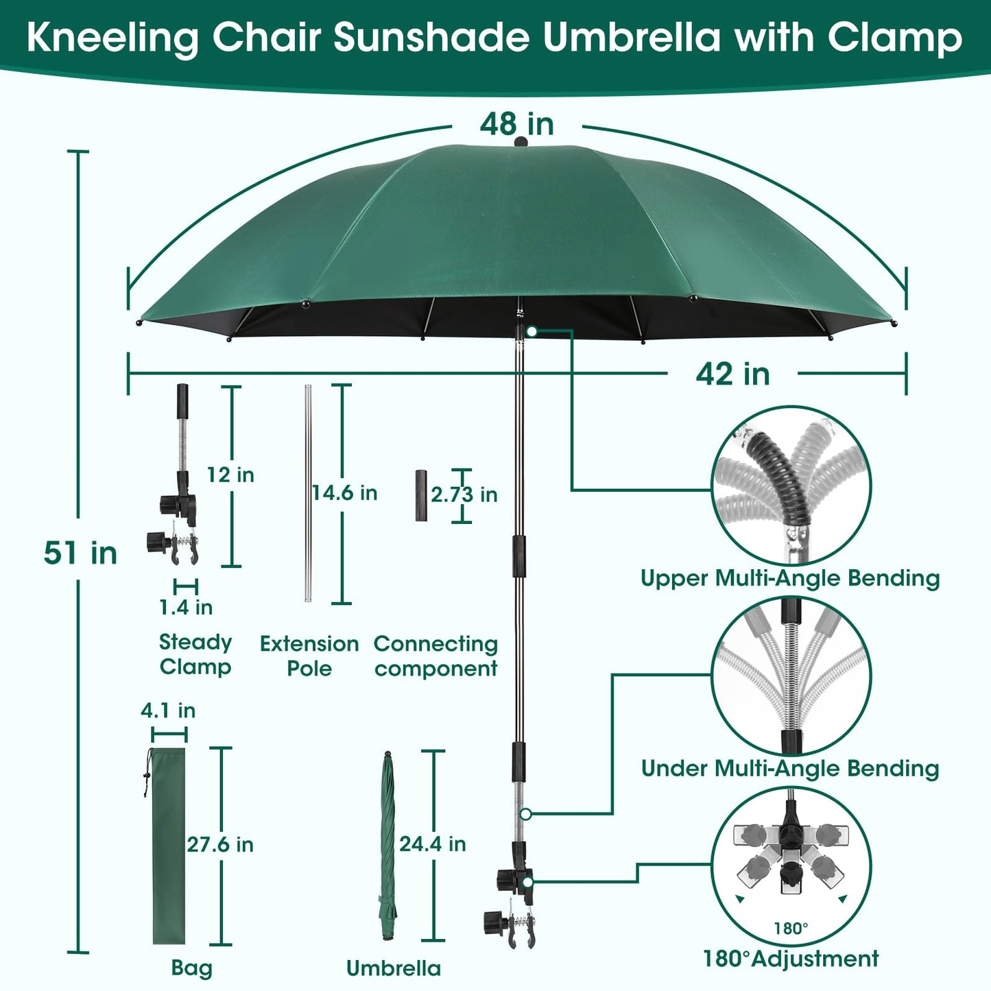 2-in-1 Garden Kneeler with Umbrella, Garden Kneeling Bench & Green Umbrella, Portable Garden Stool Loads Capacity 330lb and Garden Tools Bag with bottle holder, Gardening Gifts for Women,Men,Seniors