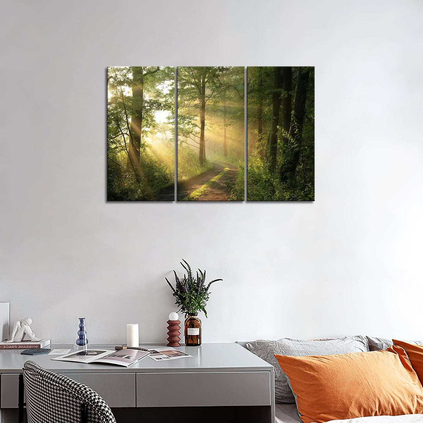 Forest Nature Wall Art Decor Sunshine Through Forest and Road Canvas Pictures Artwork 3 Panel Nuture Landscape Painting Prints for Home Living Dining Room Kitchen