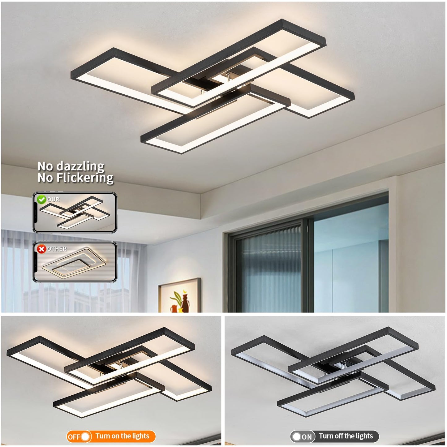 Shine LUEST Modern LED Ceiling Lights for Bedroom 26" Dimmable Square Ceiling Lights for Living Room with Remote Control Black Bedroom Light Fixture for Kitchen,Bathroom,Balcony