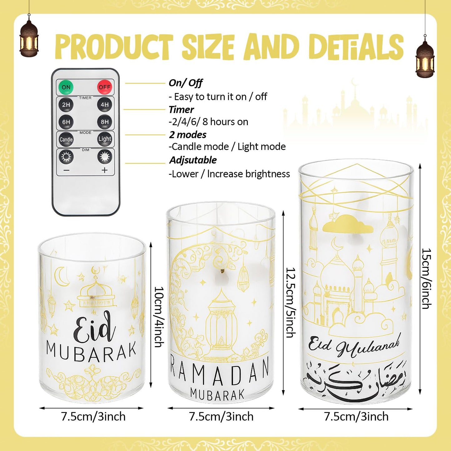 Huquary 3 Pcs Eid Mubarak Pillar Flameless Candles with Remote Ramadan Decorations Ramadan LED Flickering Candles Battery Operated Plastic Pillar Candlesticks for Eid Fit Gifts Home Decor, 3", 5", 6"