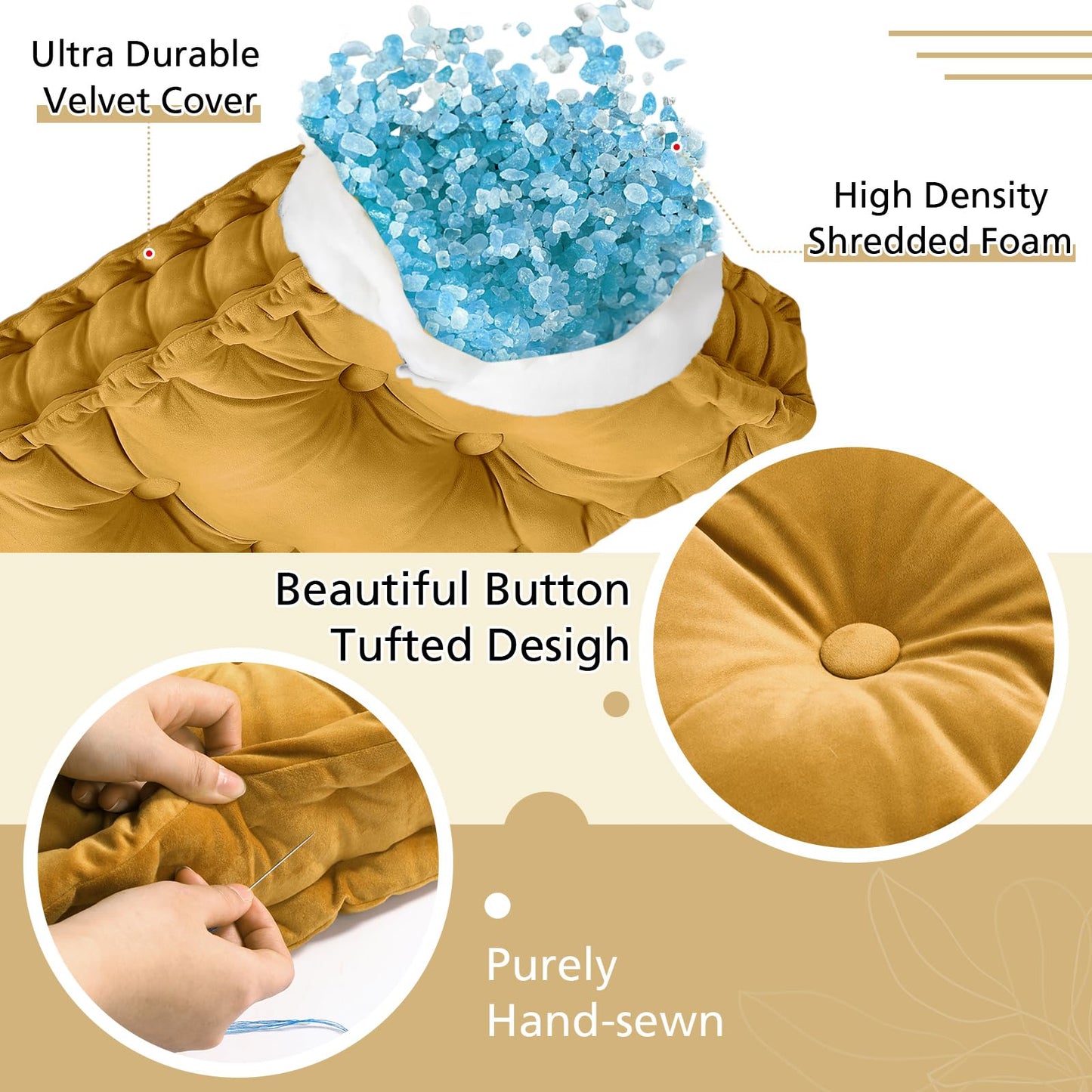 Threehoney Bench Cushions for Indoor Furniture 40x20 in Velvet Kitchen Dining Piano Window Seat Cushion, Tufted Patio Porch Swing Thicken Bench Pad Memory Foam(Yellow)