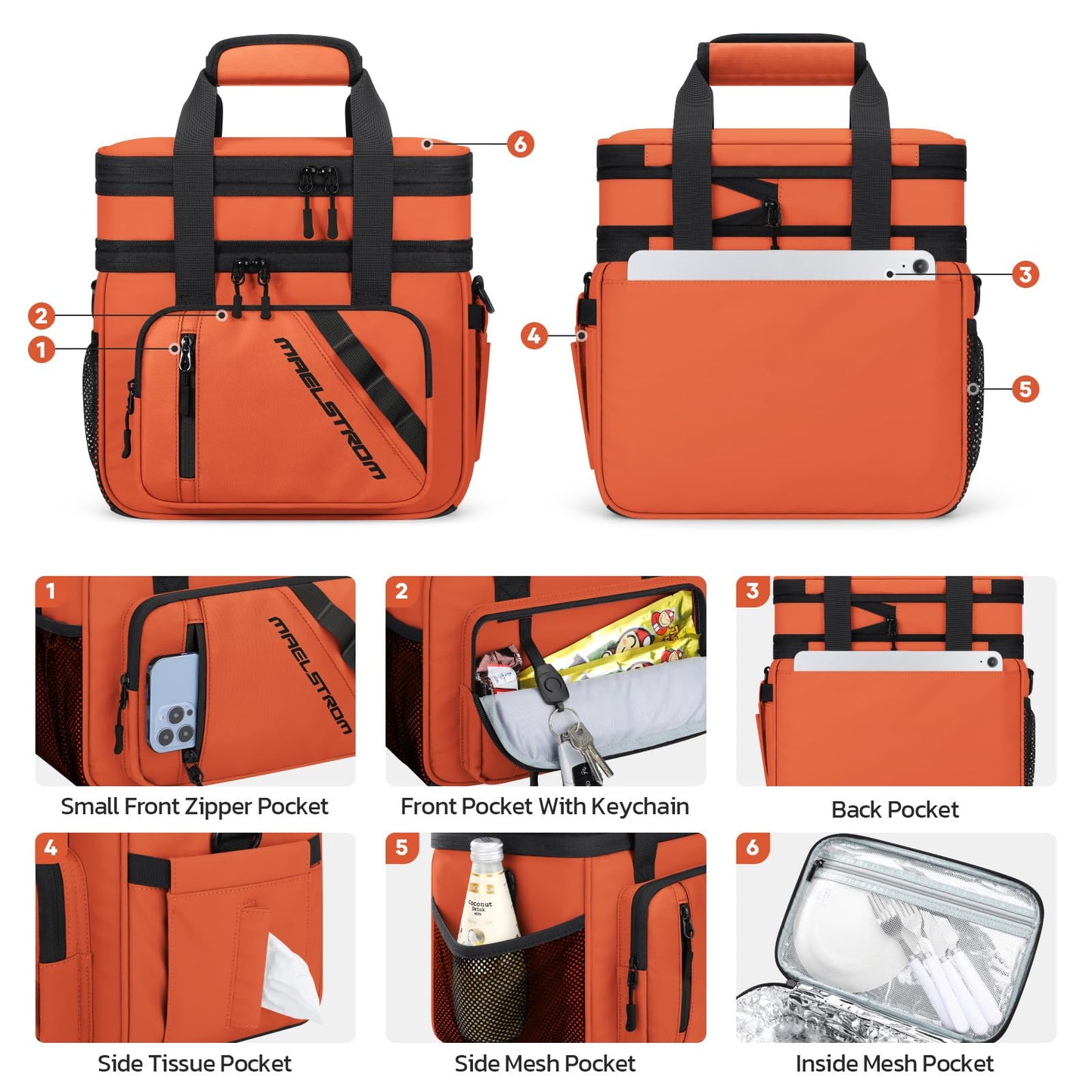 Maelstrom Lunch Box, 20L Insulated Lunch Bag for Men Women, Expandable Double Deck Leakproof Cooler Bag with 6 Pockets, Reusable Lunch Tote Bag for Work, Picnic, Travel, Orange
